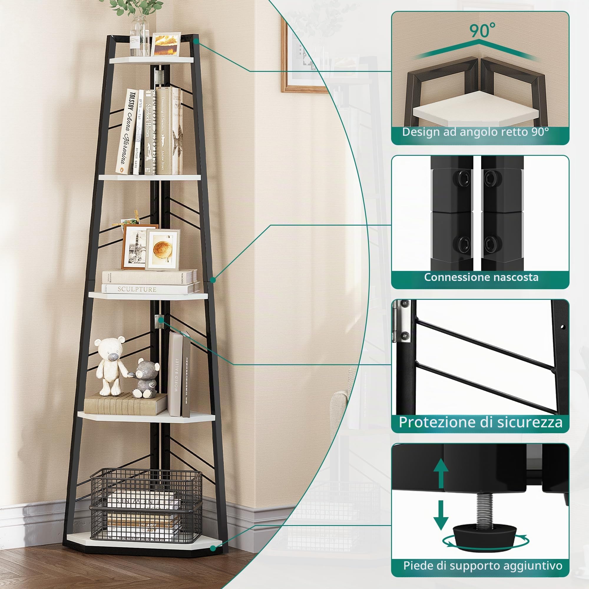 YITAHOME Libreria ad angolo a 5 livelli - Libreria a scala industriale a pianta libera, moderna libreria aperta in legno per soggiorno, ingresso, ufficio domestico, bianco