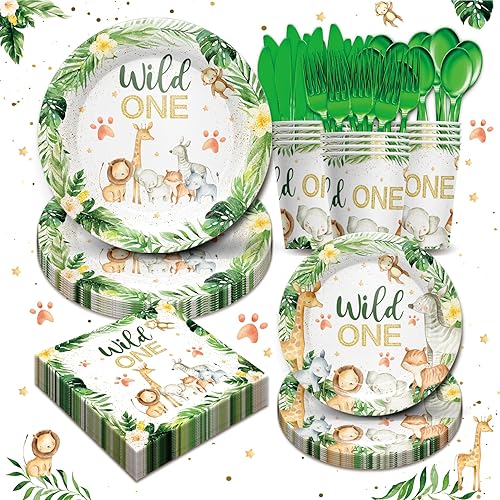 Wild One - Juego de vajilla para fiesta de cumpleaños, decoraciones de cumpleaños de safari, incluye platos, servilletas, vasos, cubiertos, para