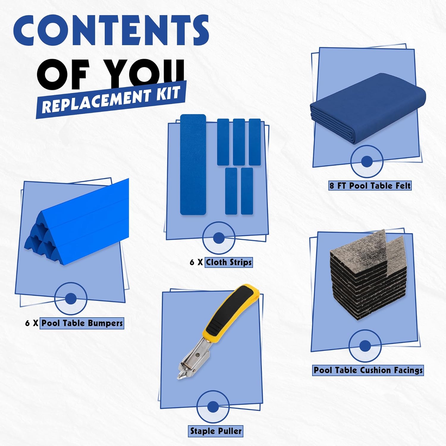 Pool Table Felt and Bumper Kit Felt for Billiard Cloth with Pool Table Bumpers and Cushions Facing, 6 Pcs Cloth Strips and Staple Remover