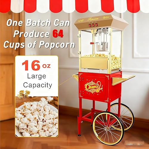 Miniatura 6 de Máquina de carrito de palomitas de maíz de 16 onzas sobre ruedas, máquina de palomitas de maíz de 850 W para 64 tazas de palomitas de maíz por lote,