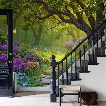 3D Wall Mural Cobblestone Road Forest Print Photo Wallpaper, Luxury Non-Woven Wall Mural Decoration Poster Flowers Butterflies Picture 150×105cm Design Wallpaper for Living Room