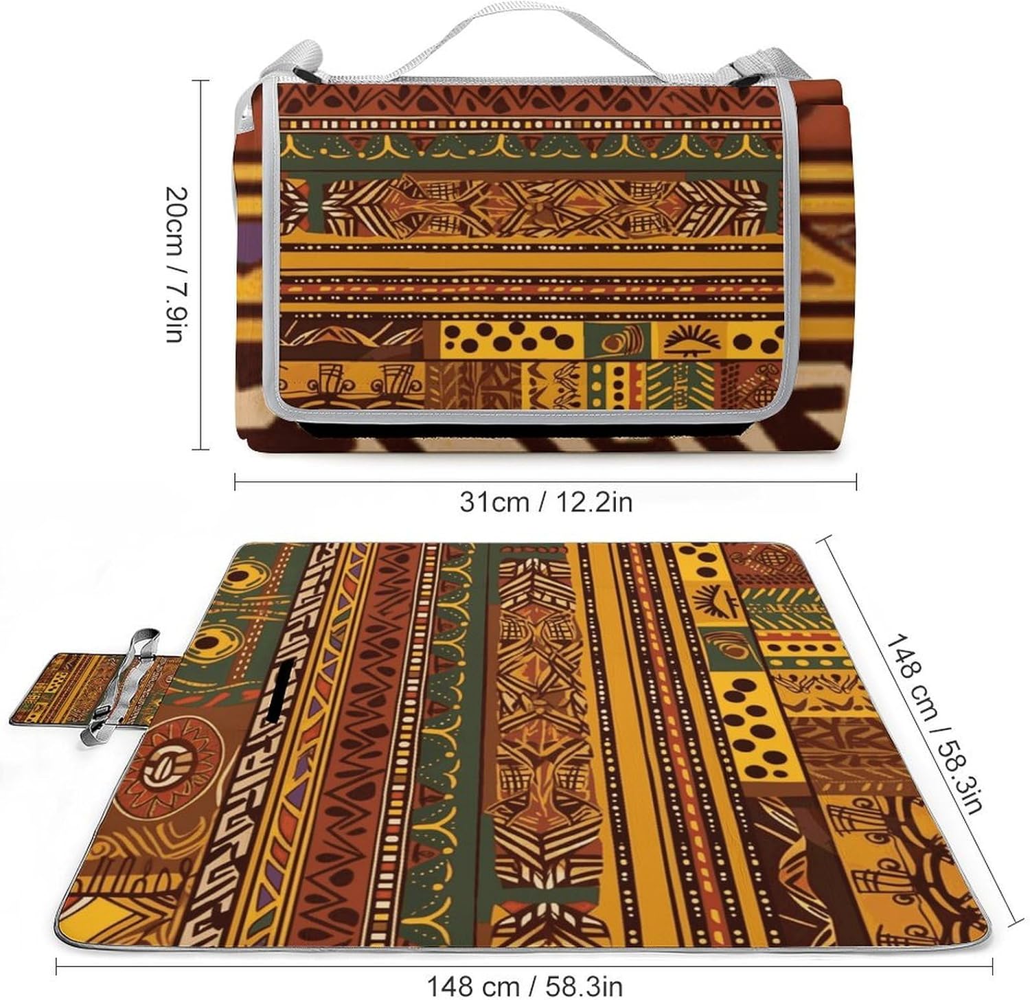 African National Patterns Waterproof Picnic Blanket 58.3''x58.3'',Portable and Foldable Picnic Mat with Handle,Outdoor Blankets for Lawn Park Beach Travel