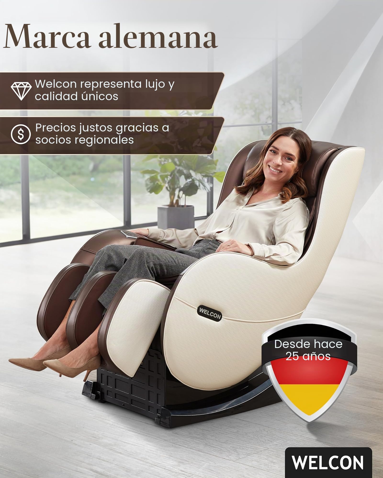 WELCON EASYRELAXX Sillón de Masaje Beige Marrón Con Función de Calor, Programas Automáticos, Amasado, Golpeteo, Rodillos, Airbag y Compresión
