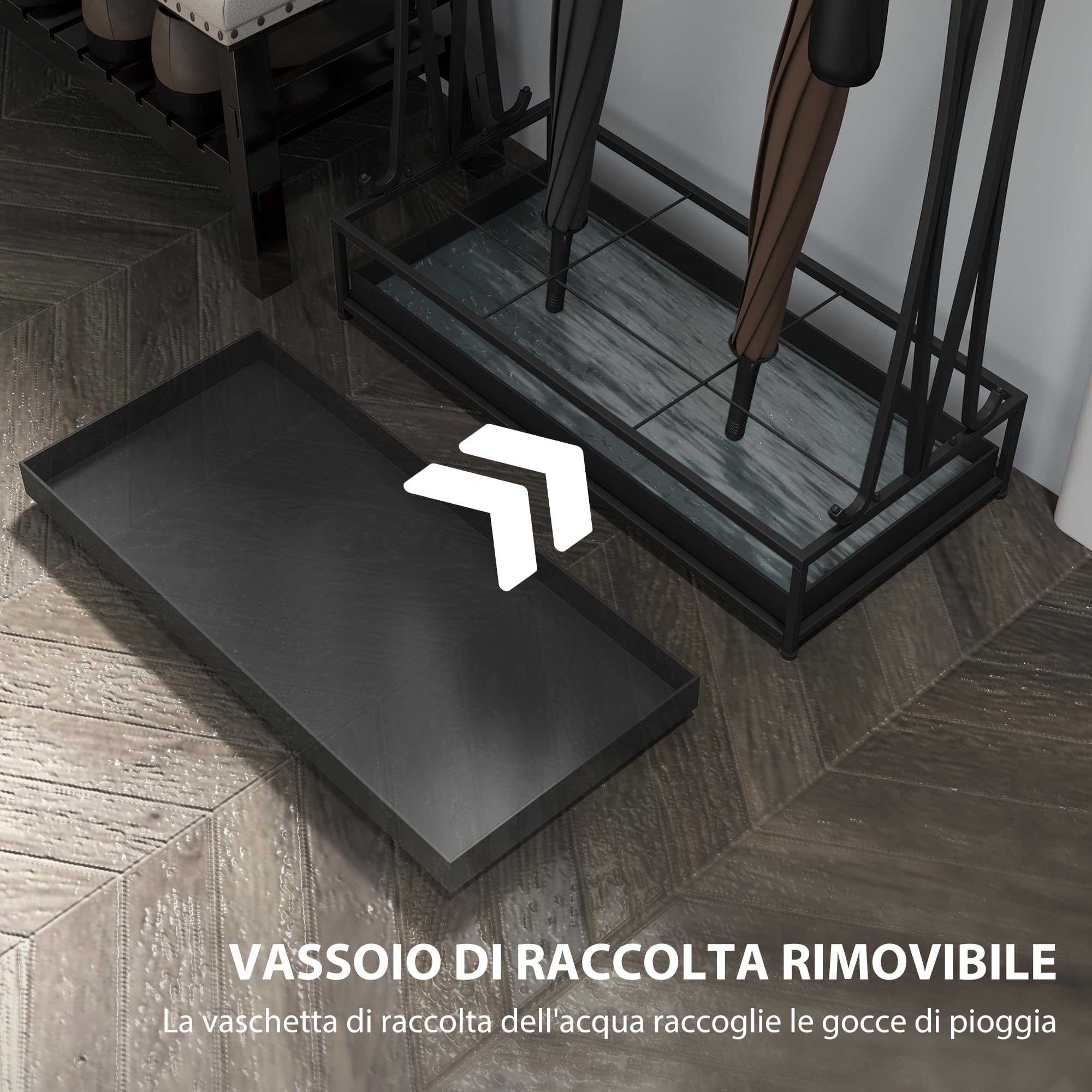 HOMCOM Portaombrelli per Interni con Vaschetta Scolapioggia, 21 Fori e 24 Ganci per Ombrelli, Porta Ombrelli in Acciaio, 50x24x68 cm, Nero