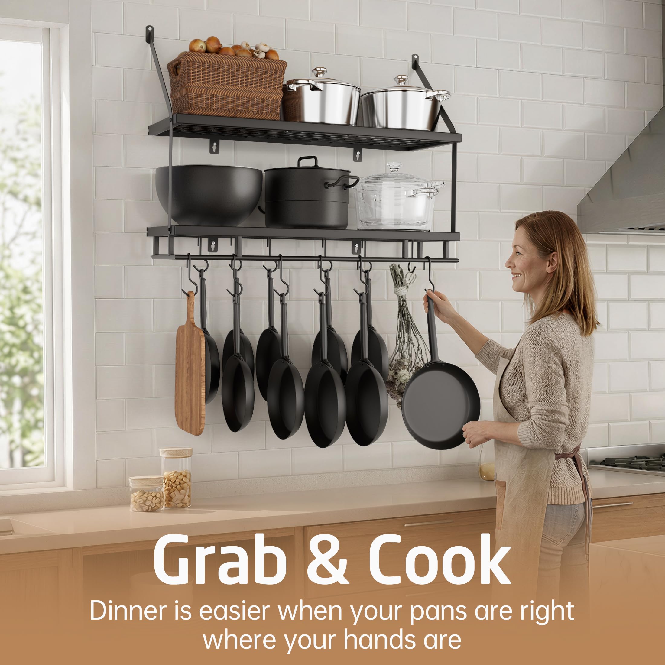 KES Estante de Cocina para Colgar 75CM Soporte para Ollas y Sartenes 2 Niveles con 12 Ganchos Almacenaje Organizador Negro, KUR215S75-BK