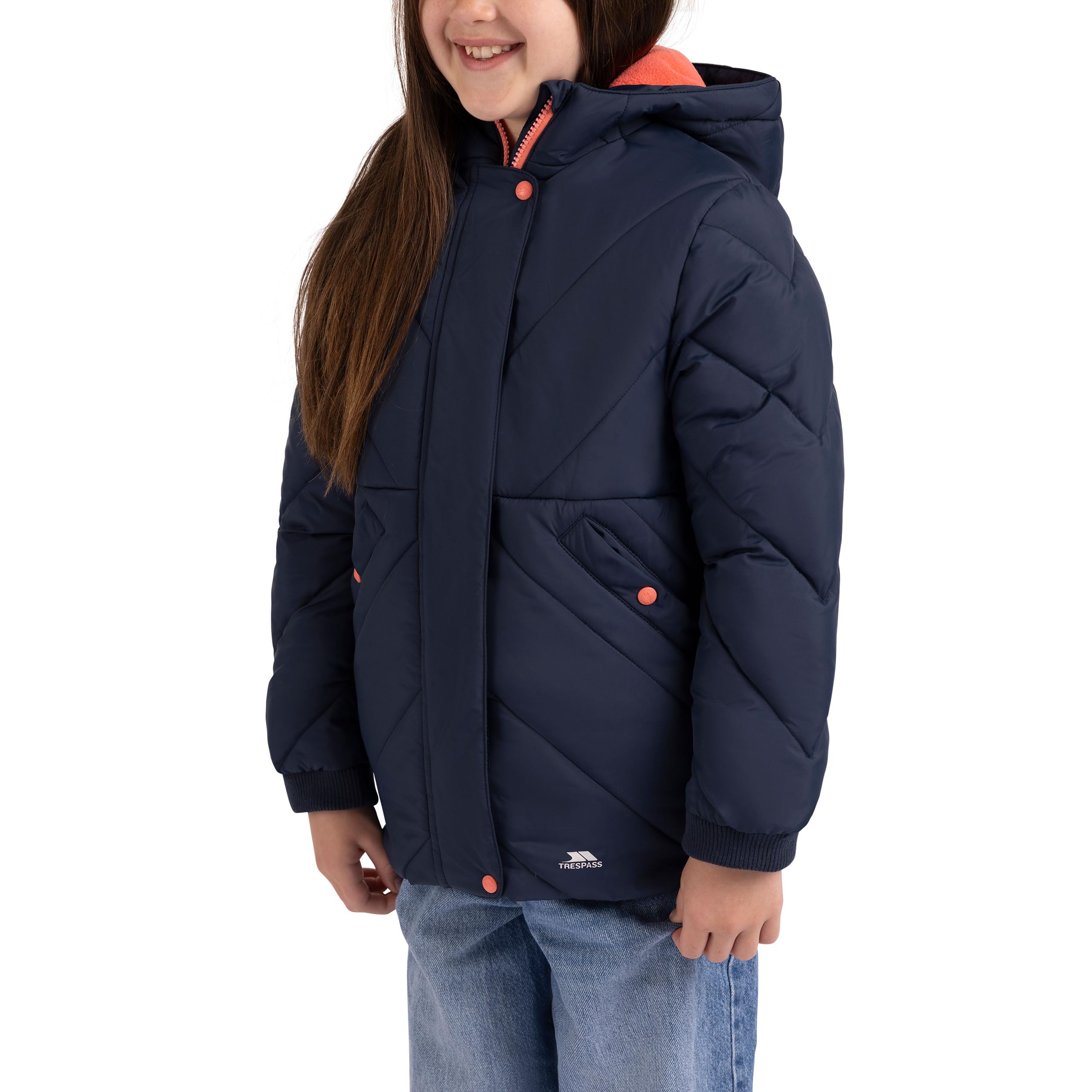 Trespass Veste décontractée Buntee pour fille – Matelassée, capuche grande, poignets en jersey, 2 poches, coque tissée, doublure 100 % polyester, rembourrage 100 % polyester