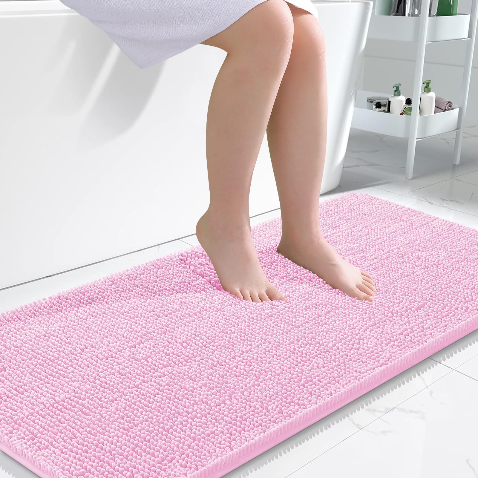 OLANLY Bathroom Runner Rugs 47x24, Extra Soft Absorbent Chenille Bath Rugs, Rubber Backing Quick Dry, Machine Washable Long Bath Mats for Bathroom Floor, Tub and Shower, Home Decor Accessories, Pink