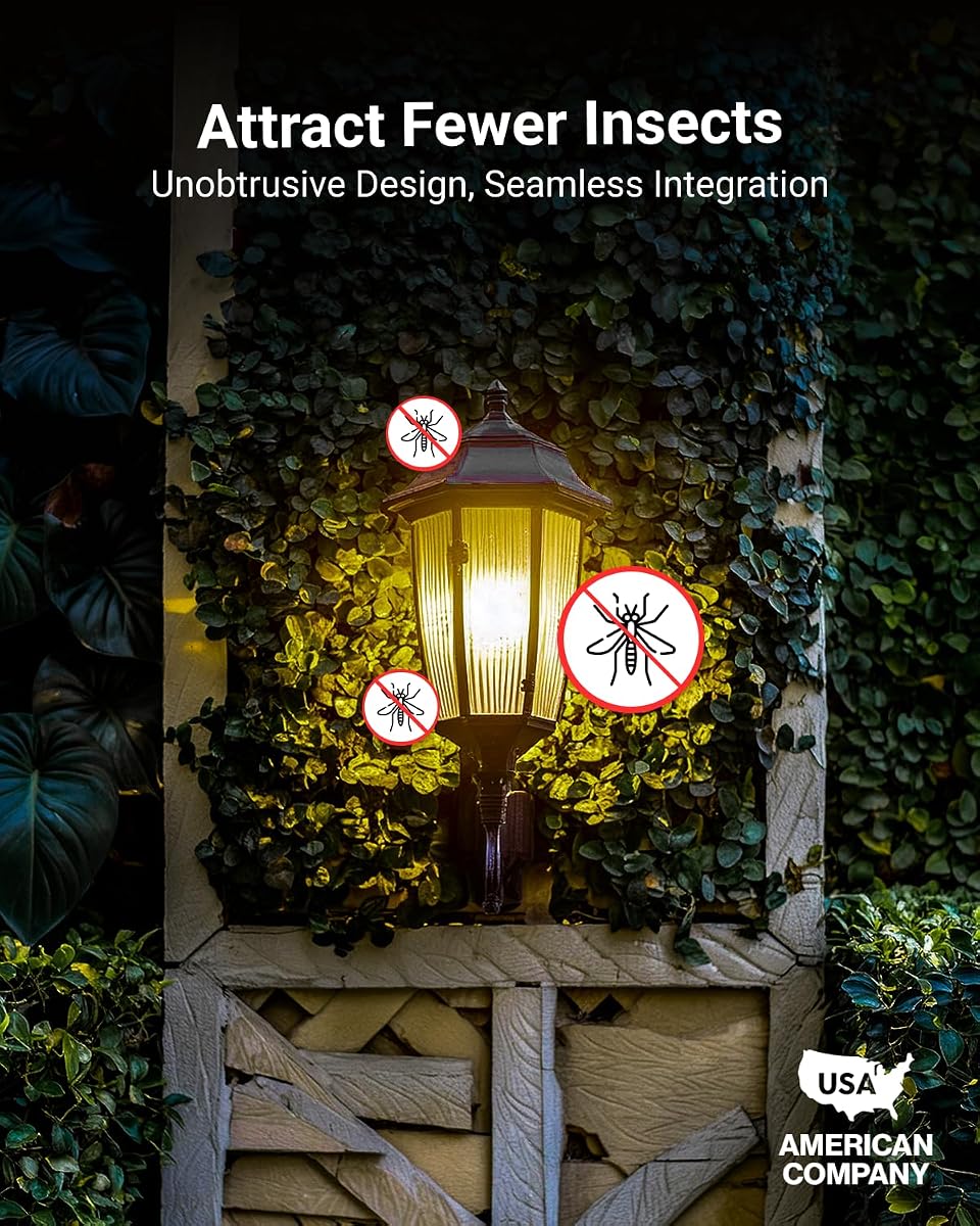 Bombilla LED Sunco A19, de atardecer a amanecer, luz contra insectos, E26, brillo ámbar de 2000 K | 9W, 480LM, paquete de 2, sensor de fotocélula, encendido/apagado automático, exterior, porche, patio, cubierta, iluminación de patio trasero, base media, bombilla