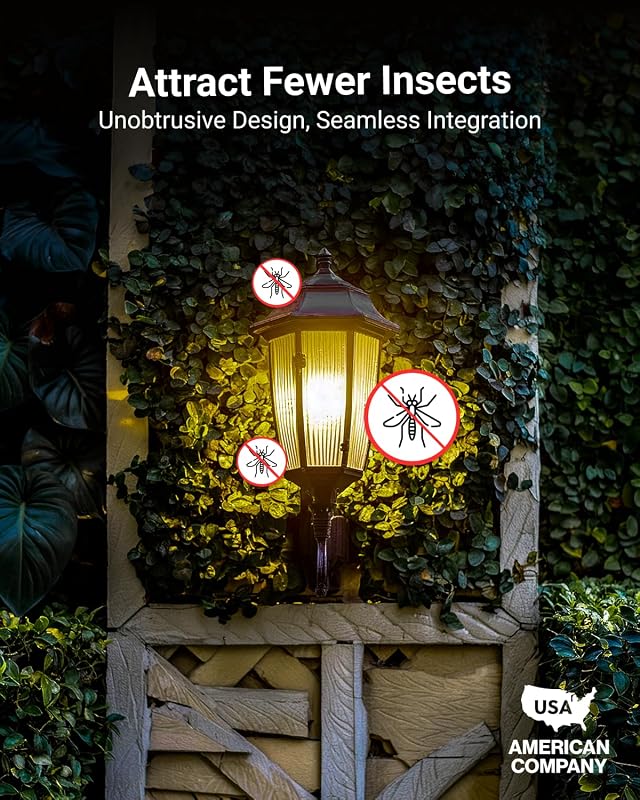 Bombilla LED Sunco A19, de atardecer a amanecer, luz contra insectos, E26, brillo ámbar de 2000 K | 9W, 480LM, paquete de 2, sensor de fotocélula, encendido/apagado automático, exterior, porche, patio, cubierta, iluminación de patio trasero, base media, bombilla