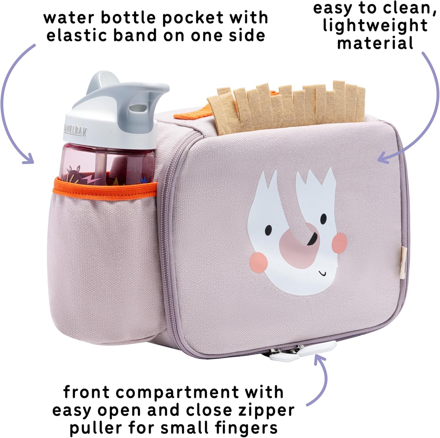 uninni Toddler Lunch Bag for Girls and Boys, Lunch Box for Kids Ages 2–5, Fully Insulated with Padded Handle, Storage Pocket and Water Bottle Pocket, Lightweight, Easy to Clean, BPA-Free - Hedgehog