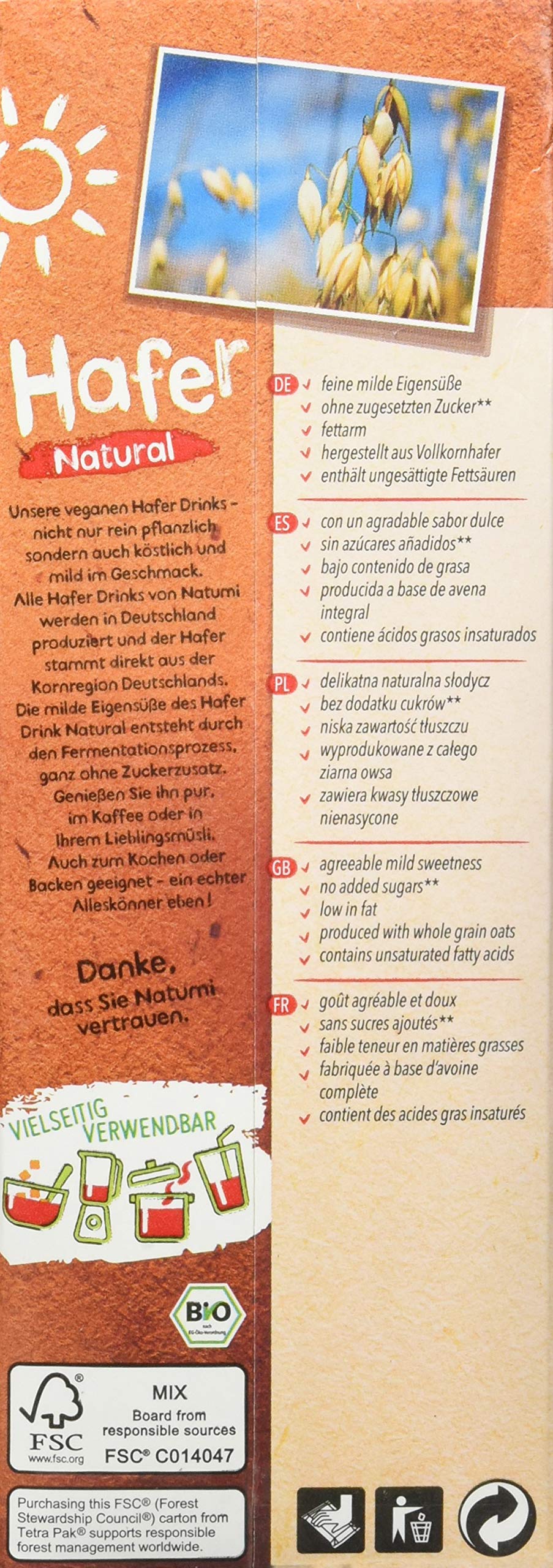 Natumi Haferdrink Natural Ungesüßt, Hafer Drink zum Backen Kochen, Neutral, 1000 ml (12er Pack)