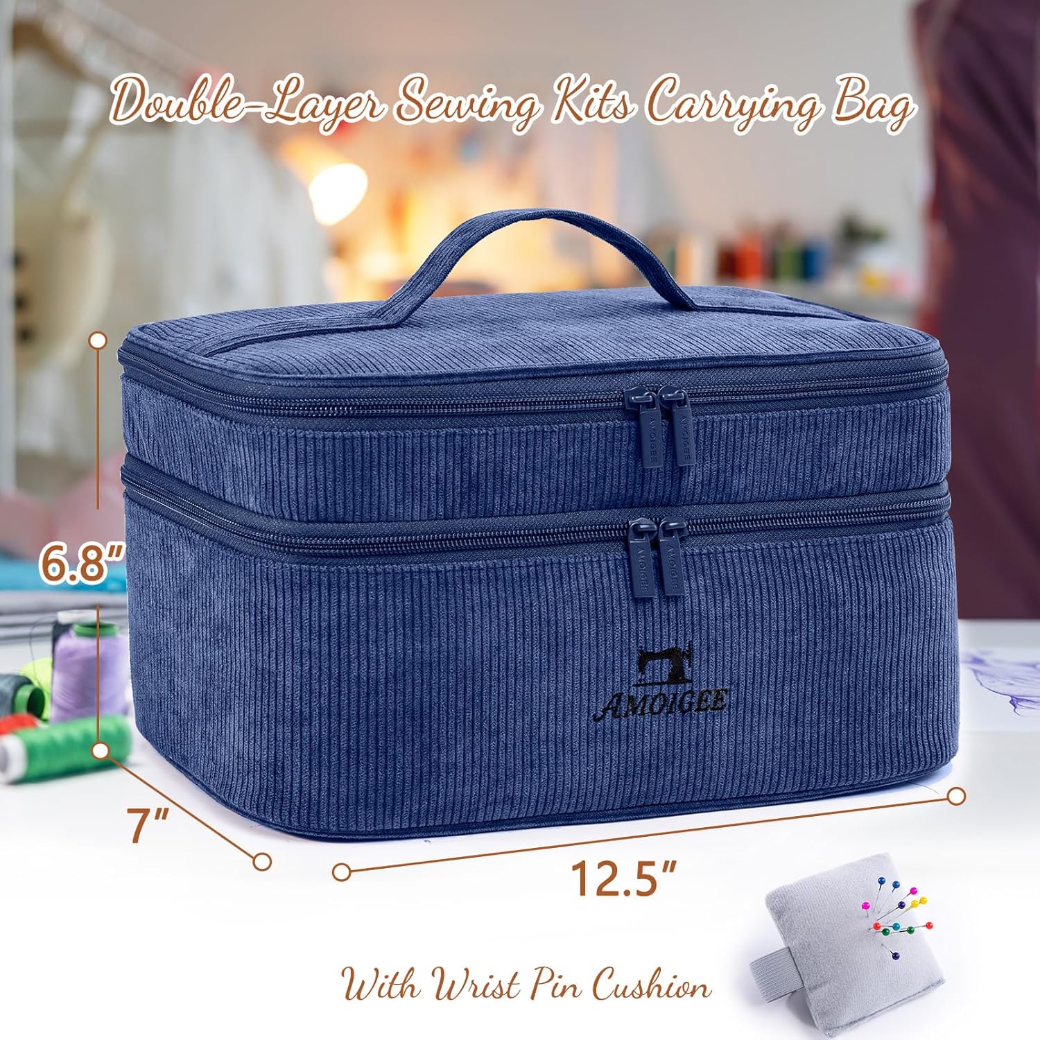 AMOIGEE Double-Layer Sewing Accessories Organizer with Pin Cushion – Large Sewing Storage Bag for Thread, Notions & Tools – Portable Travel Sewing Tote for Quilting, Embroidery & Crafts Gift (BagOnly)