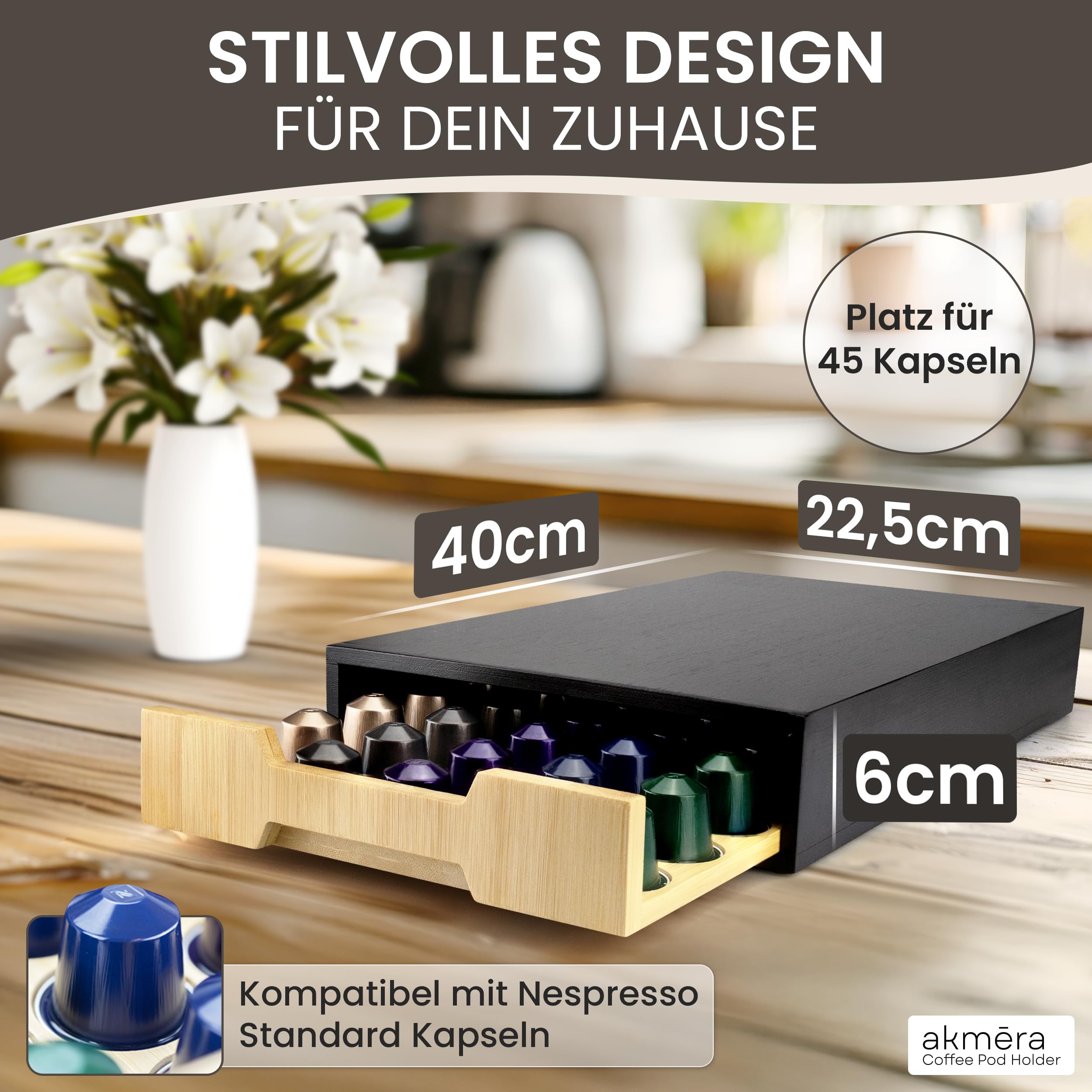 akmera - Soporte para cápsulas Nespresso, práctico almacenamiento para 45 cápsulas Nespresso como soporte para cápsulas Nespresso, cajón con compartimentos individuales para guardar cápsulas Nespresso