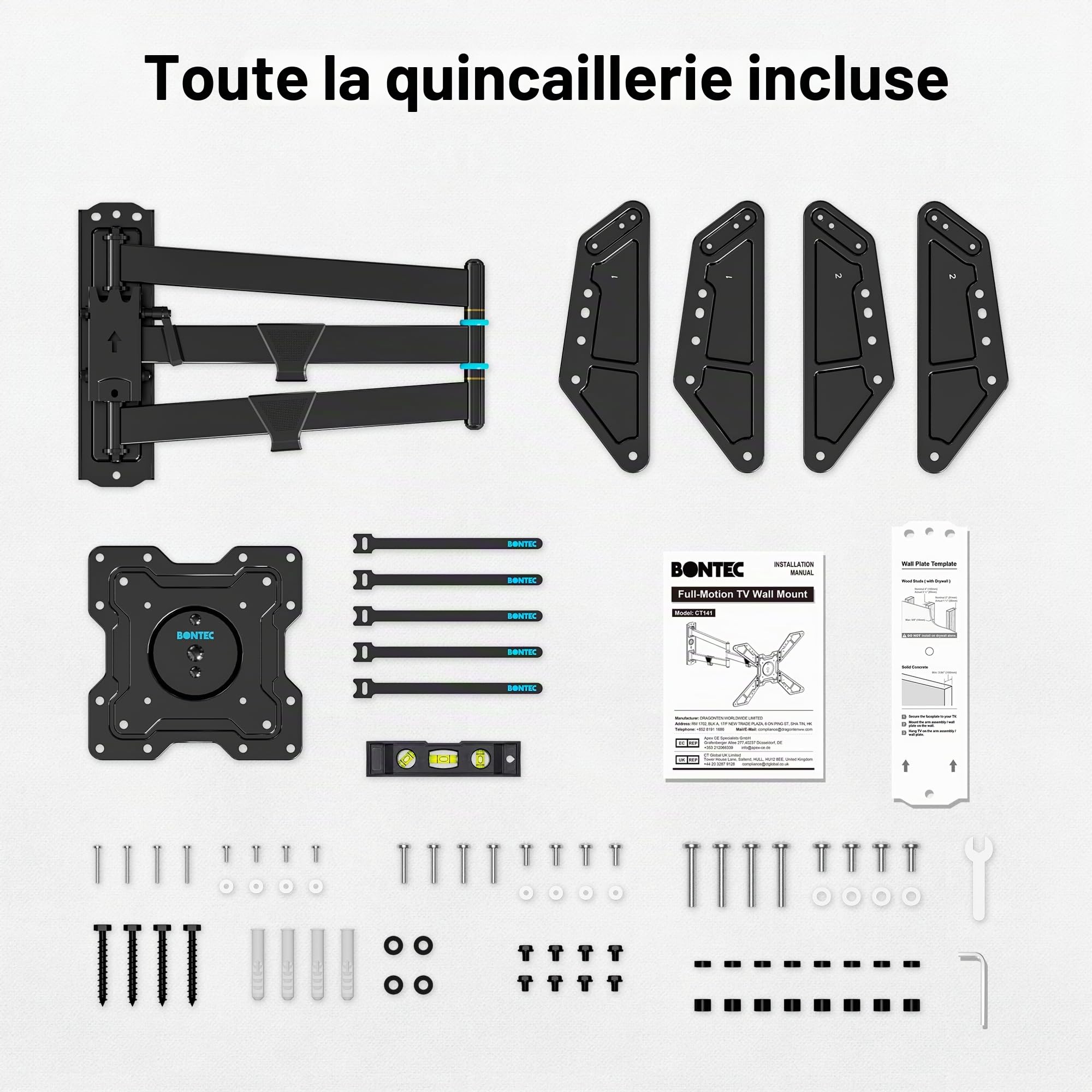 BONTEC Support Mural TV Articulé, 32-75 Pouces, Extension 838 mm | Charge maximale 50 kg, VESA 600x400, Inclinaison et pivotement, Rotation portrait et paysage, Montage en angle