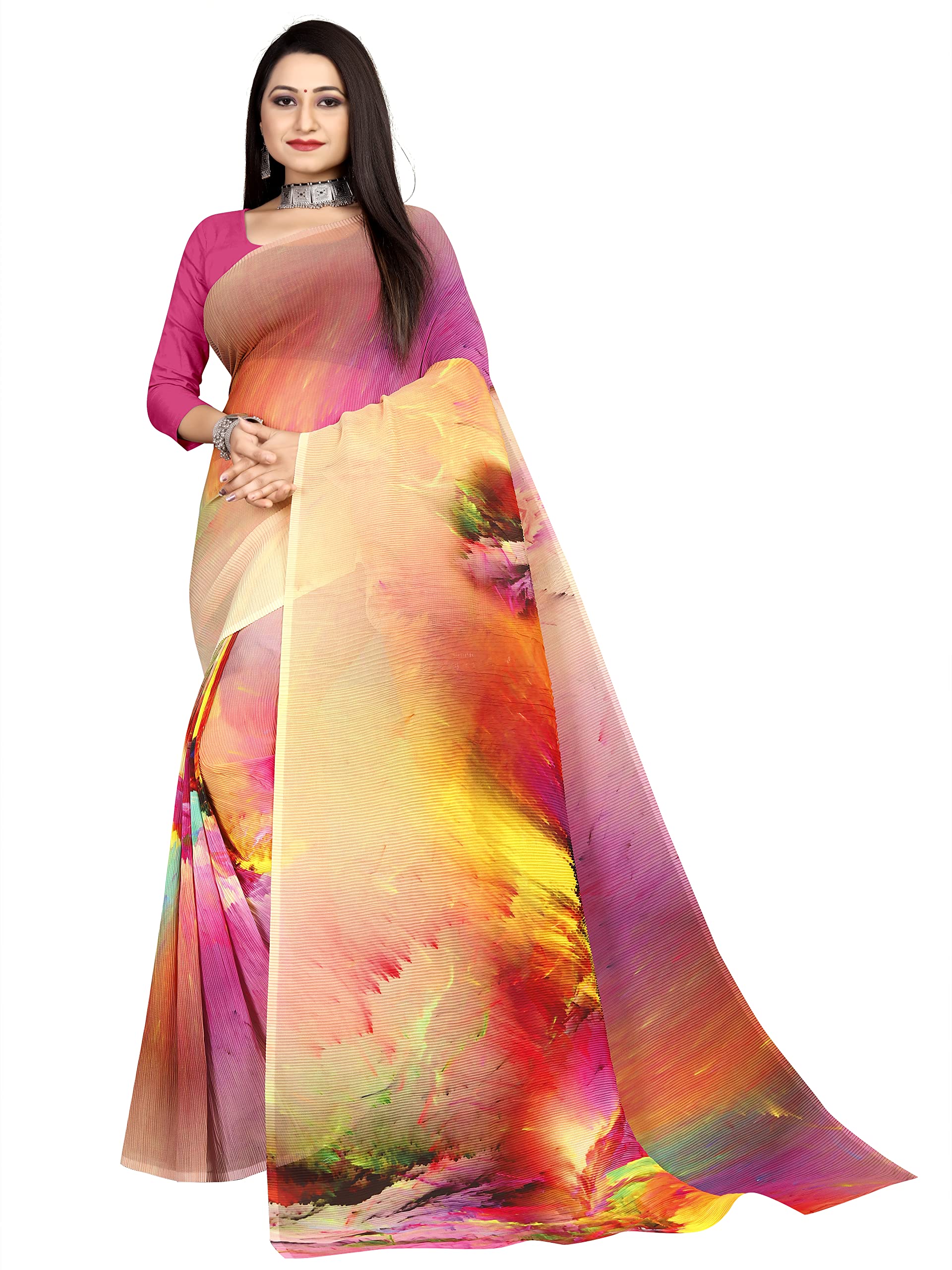 SNIJA FASHIONFull Crushed Digital Printed Pure Georgette Saree With Unstitched Blouse Piece