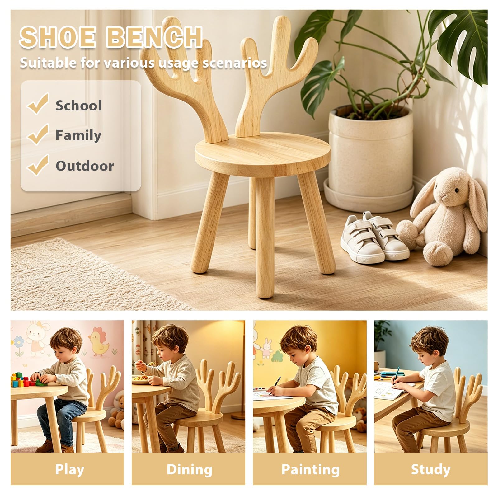 Kinderstuhl Holz ab 3 Jahren – Massivholz Kinderhocker 45 x 26cm mit Hirschgeweihform-Rückenlehne, kinderhocker holz 25cm Sitzhöhe, stabiler Holzstuhl für Kinderzimmer, Essen, Malen & Lesen