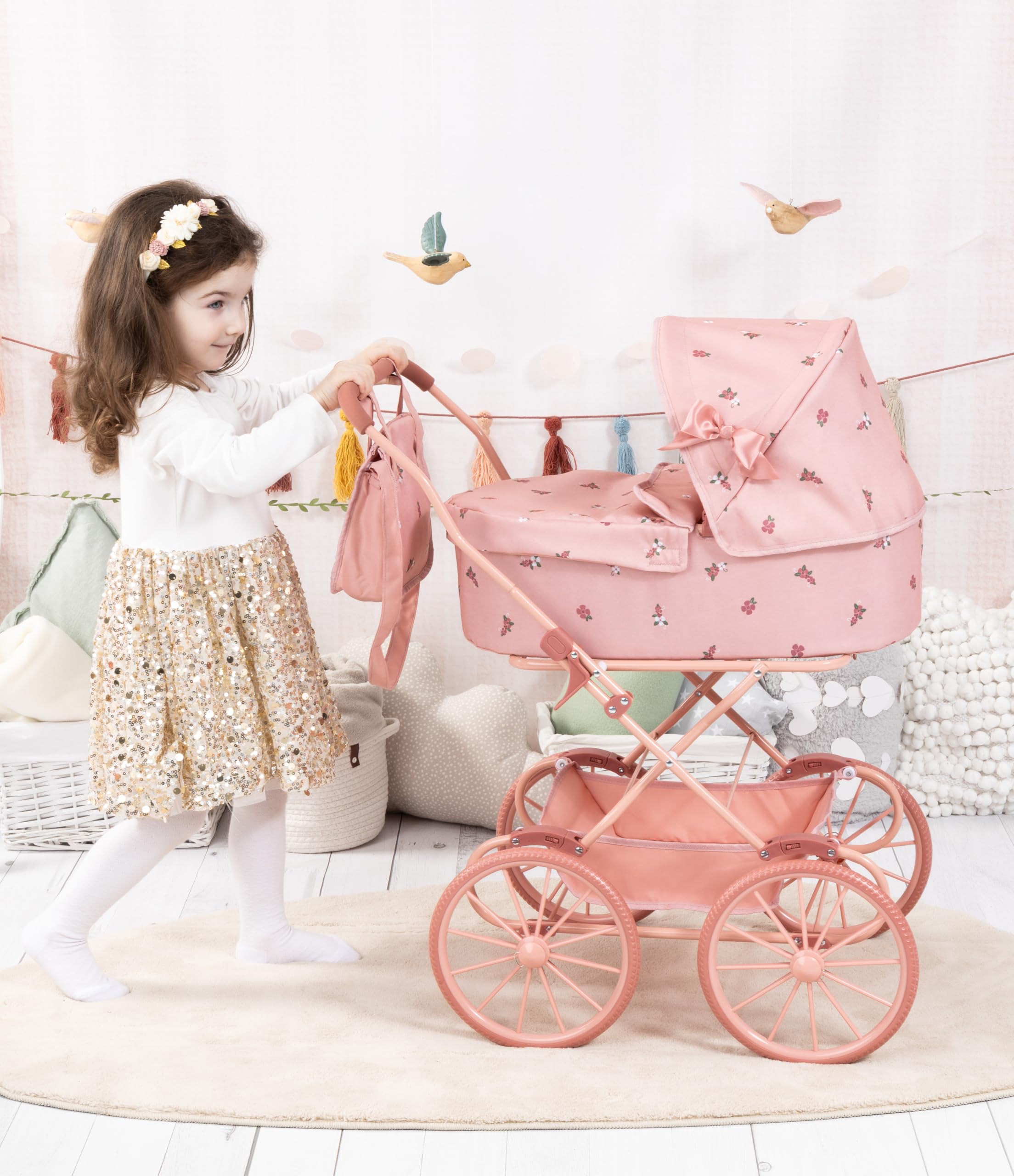 Bayer Design Poussette Landau de poupée nostalgique avec Sac | landau de poupée classique avec grandes roues, coussin, sac, poignée haute, pour poupées jusqu'à 46 cm, panier intégré