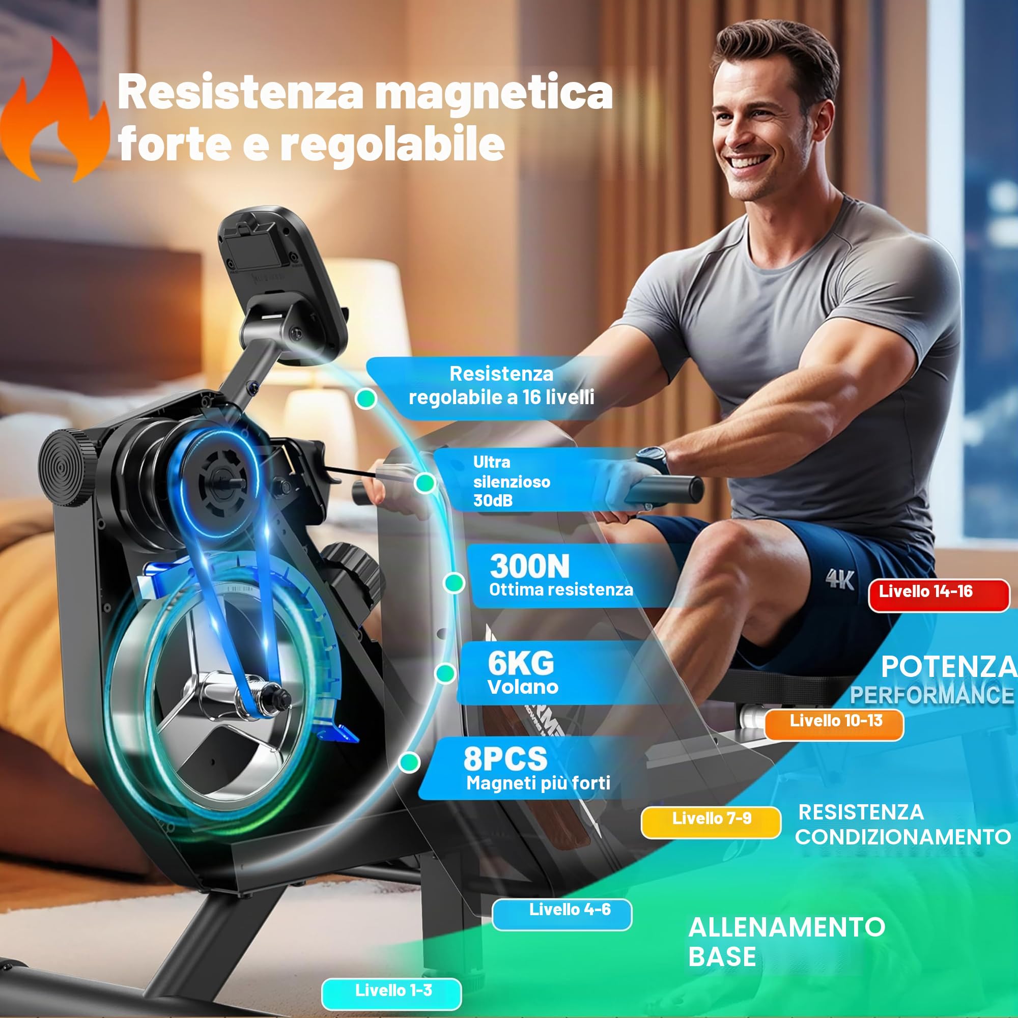 Vogatore per la casa con resistenza magnetica, vogatore con computer di bordo Bluetooth, supporto per tablet regolabile, capacità di carico 170 kg