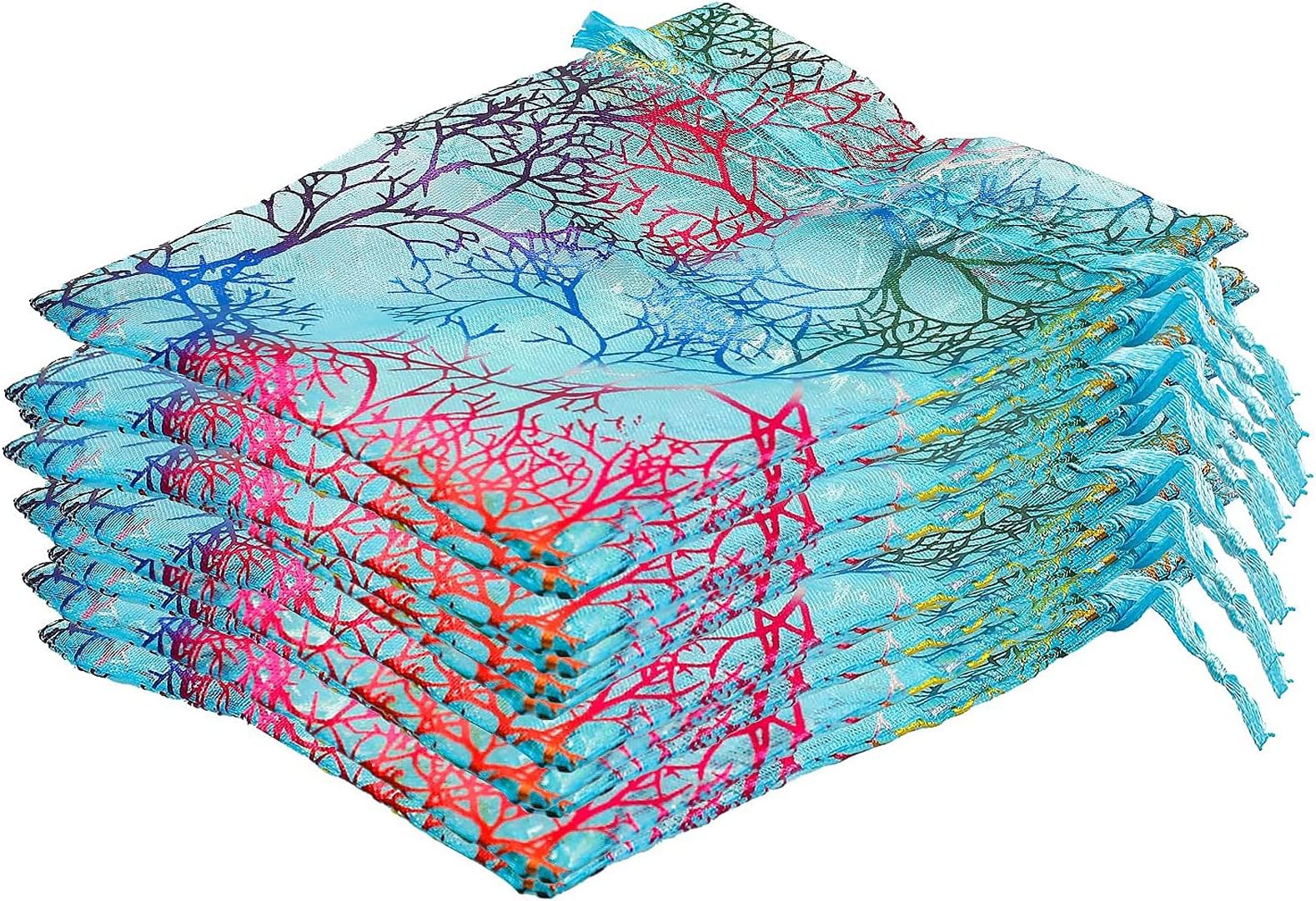 ICYANG 300pcs Organza Bags Bronzing Coralline Drawstring Gift Bags Jewelry Pouches, 4.7 * 3.5in Drawstring Pouch for Candy Party, Wedding, Spa Parties, Holiday Baby Shower, Mermaid Theme Blue