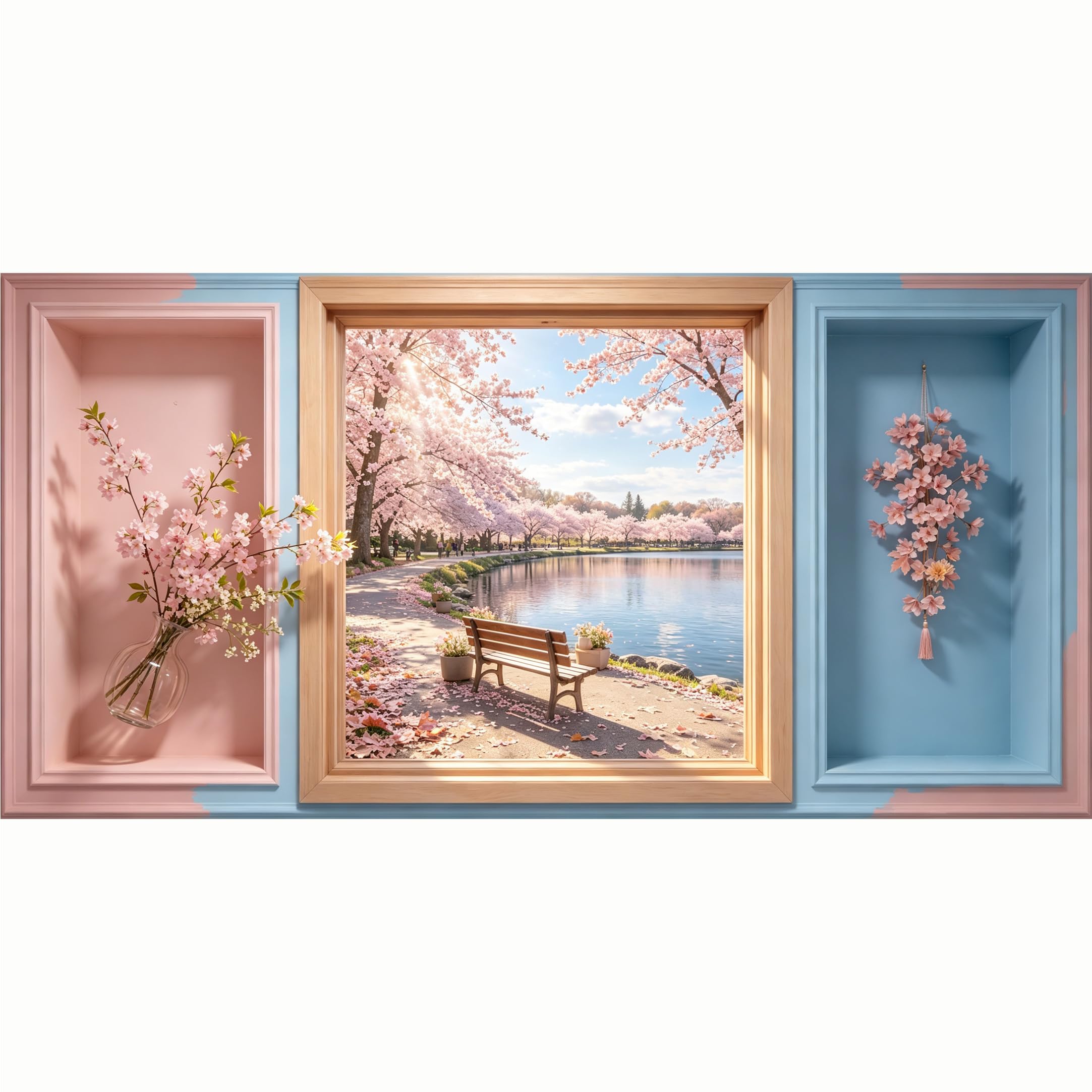 QZLITHOTIC 50x100cm 3D Framed Wall Art， Cherry Blossom Lake Scenic Landscape Trompe L'oeil， Water‑Activated Peel & Stick Fabric Decor Wall Decal for Bedroom Living Room