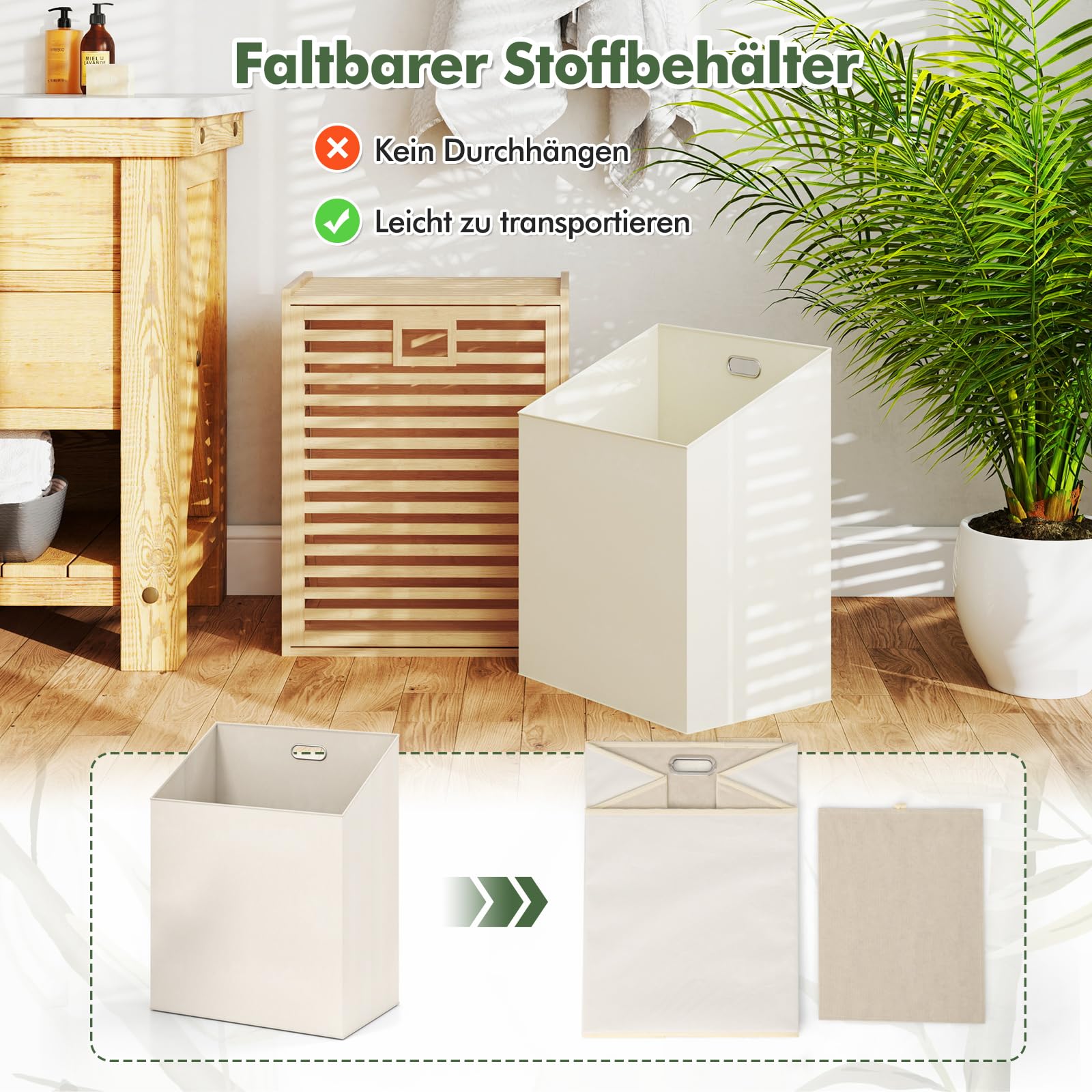 COSTWAY Badregal mit Wäschekorb, 68 L, Regal aus Bambus, Badschrank mit Ablage & Ausklappbarem und klappbarem Korb aus Stoff, Wäschesammler für Badezimmer, Waschküche, Natur, 50 x 35 x 64 cm