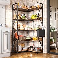 Vista 9 de Gizoon 5 Tier Corner Bookshelf, 65" H Reversible Bookshelf, Industrial Bookcase with 4 Hooks and Storage Basket, Sturdy Metal Frame, Adjustable