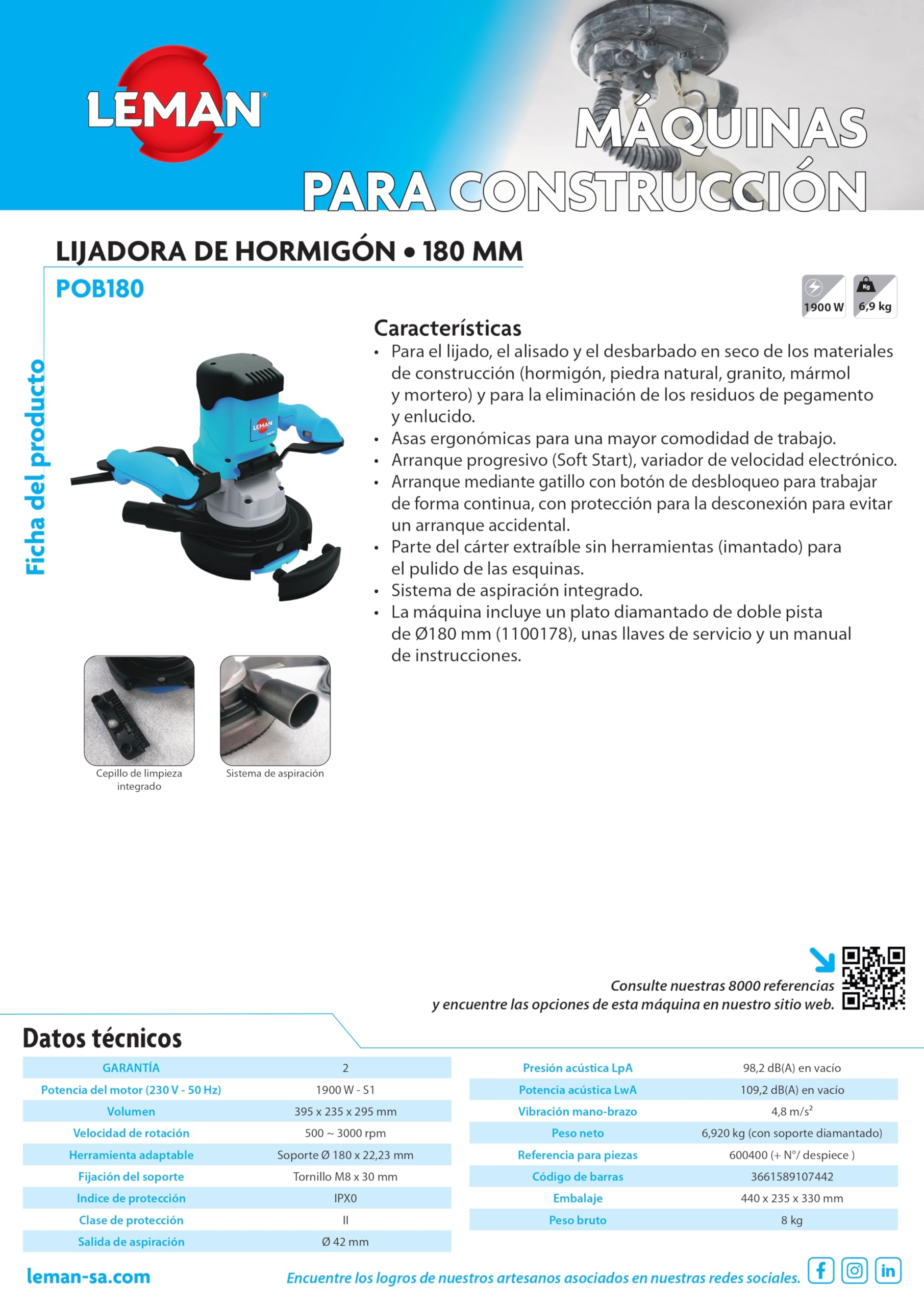 LEMAN POB180 Levigatrice per calcestruzzo 180 mm, motore 1900 W, velocità variabile 500-3000 rpm, sistema di aspirazione integrato