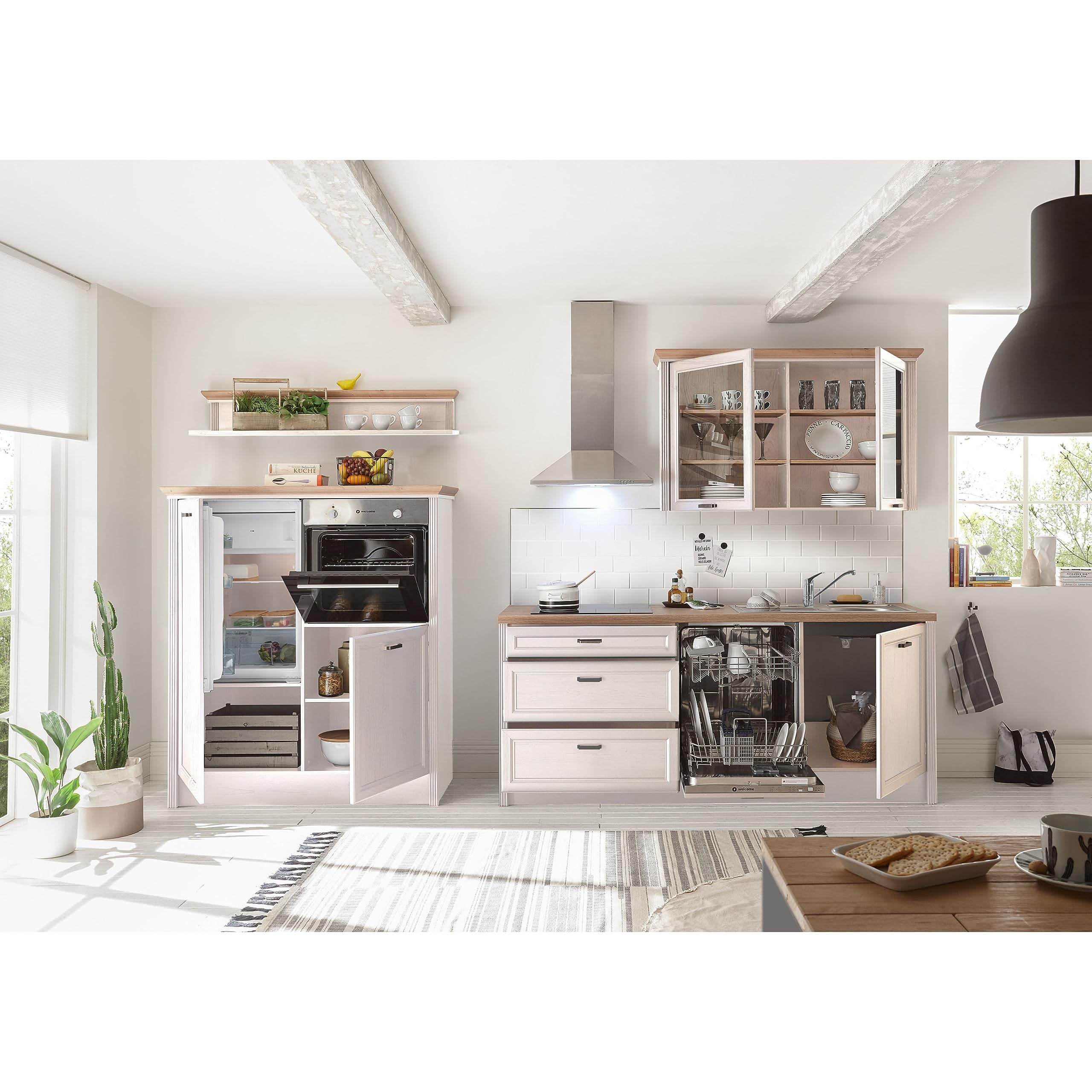JASMIN Moderne Küchenzeile ohne Elektrogeräte in Pinie hell, Artisan Eiche Optik - Geräumige Einbauküche im Landhausstil - 344 x 228 x 60 cm (B/H/T) | 344 x 228 x 60 cm (B/H/T), Küche ohne Elektrogeräte, modern, Landhausstil, geräumig mit viel Stauraum