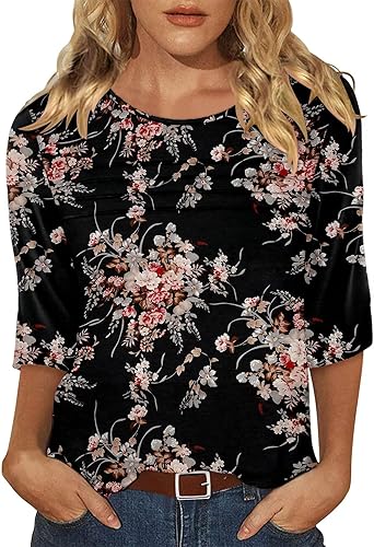 KISSMODA Women's Casual 3/4 Sleeve T-Shirts Round Neck Cute Tunic Tops Basic/Pleated Summer Tops Trendy Spring Blouses