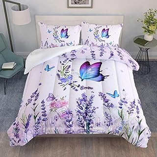 AILONEN Beautiful Butterfly Comforter Set Queen Size, Blossoming Lavender Flowers and Flying Butterfly Bedding Set Soft Breathable Duvet Set for Kids Girls Women 3 Pieces,1 Quilt and 2 Pillowcases