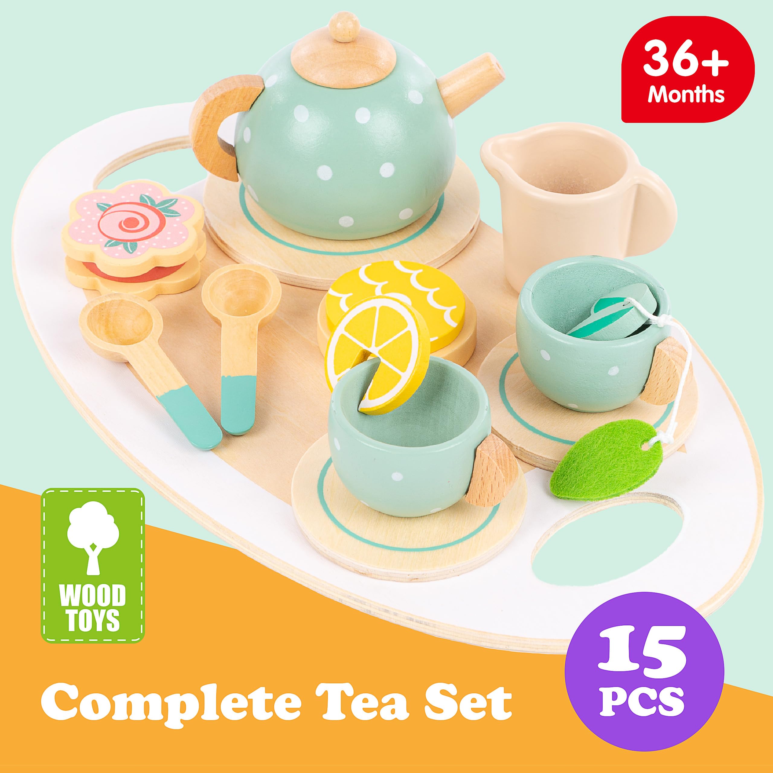 Kinderplay Servizio da Tè in Legno per Bambini – Set 15 Pezzi con Vassoio – Gioco di Imitazione per Tea Party – Accessori Cucina 3+ Anni