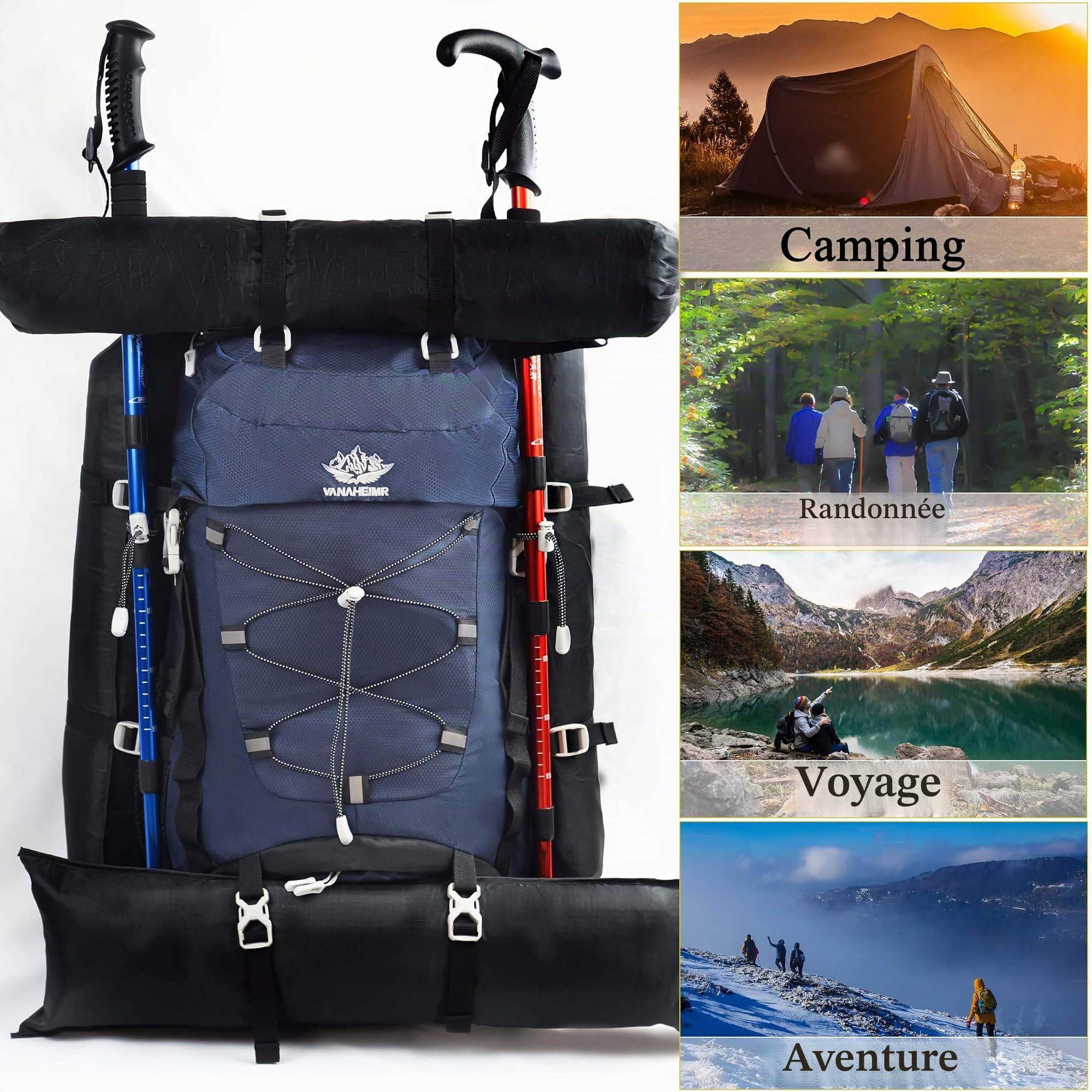 Sac à dos de voyage, randonnée, camping avec housse de pluie, sac à dos résistant à l'eau, sac à dos d'escalade pour homme et femme 60 l