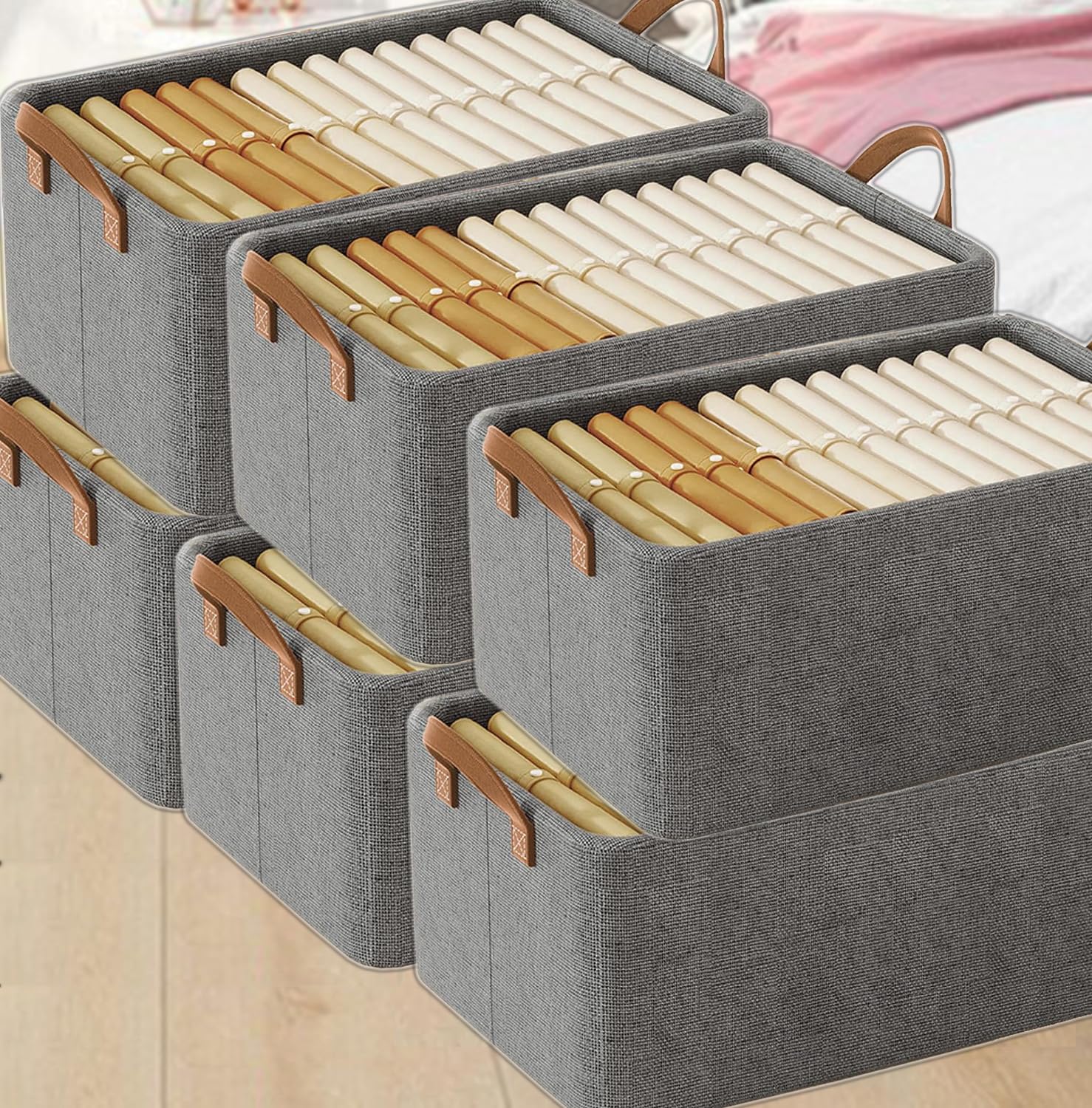 Raggle 6PCS Collapsible Fabric Storage Cubes Organizer with Handles Foldable Storage Baskets for Organizing Toys, Books, Shelves, Closet, Large Storage Box with Handles (Gray, 26L-6)