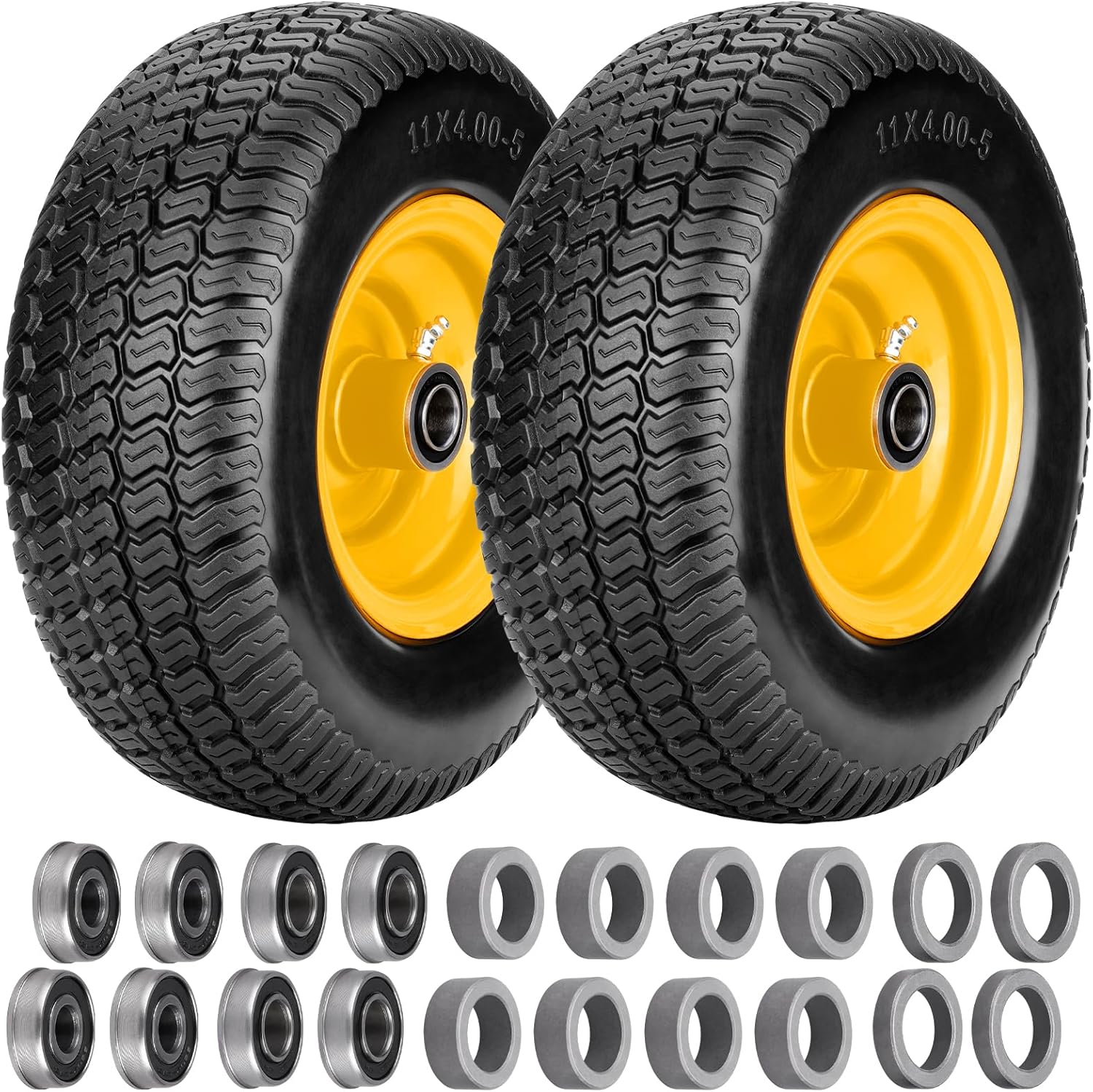 11x4.00-5 Flat Free Lawn Mower Tires, Zero Turn Mower Front Tires, 11x4-5 Solid Lawn Tractor Wheel with Rims, 3/4" or 5/8" & 1/2" Precision Bearings, 3.4"-3.9"-4.9"-5.9" Center Hub (2 Pack Black)