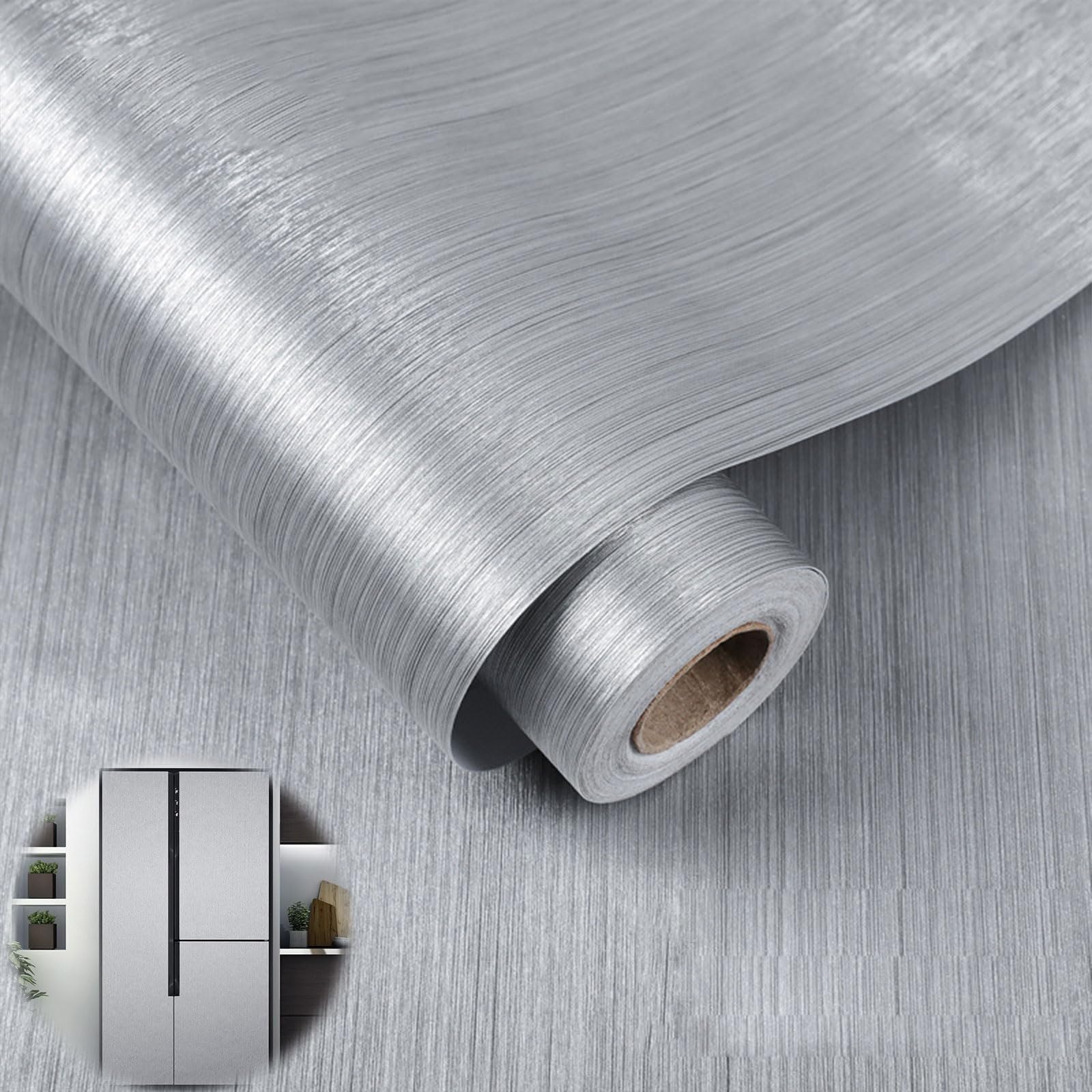 Brushed Metallic Stick and Peel Wallpaper Kitchen Cupboard Wrap Top Vinyl Splashback Textured Wallpaper for Kitchen Fridge Dishwasher D5001H 120x1000cm