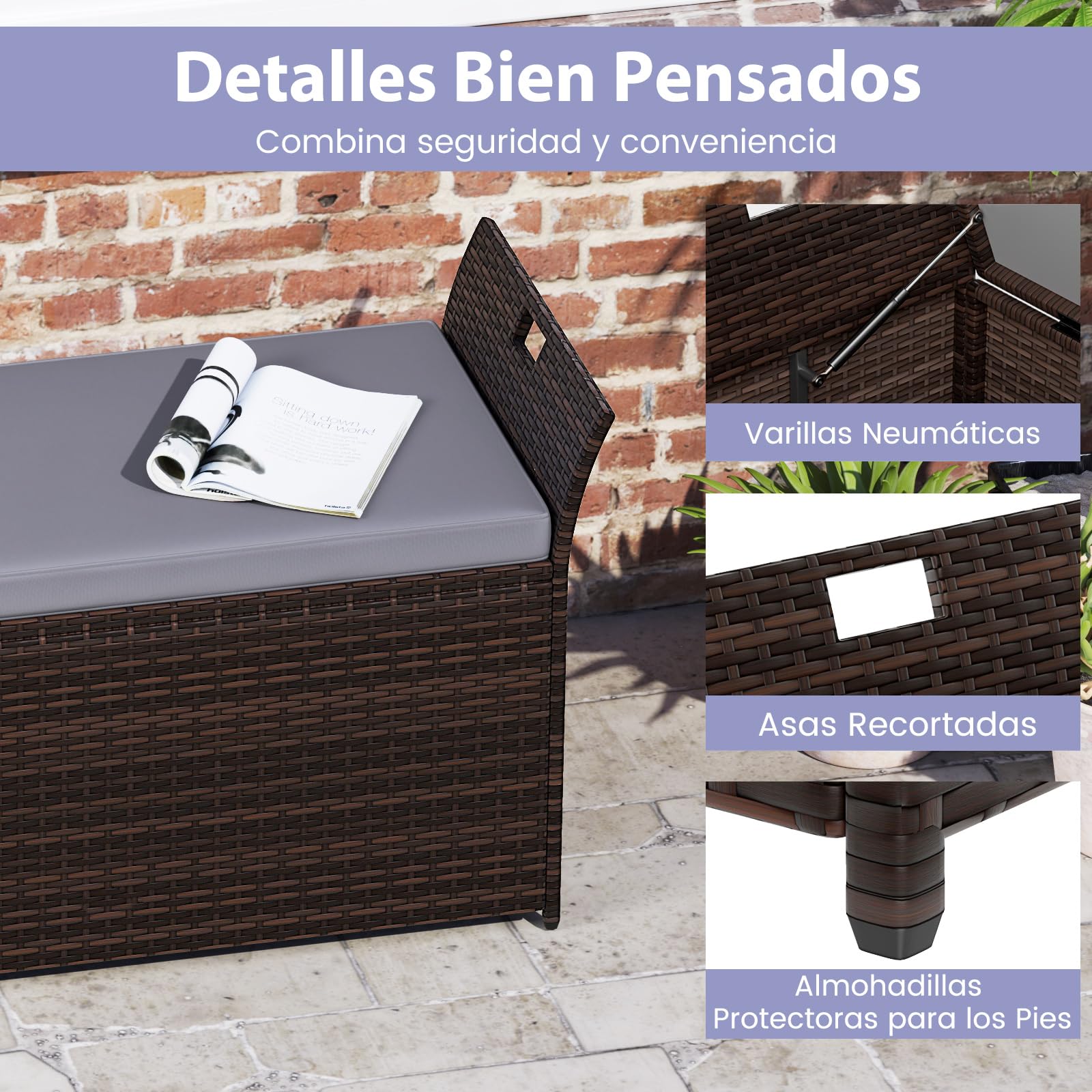 COSTWAY Banco Exterior con Ratán PE, Banco Almacenaje Exterior con Cojín y Manijas Laterales, Baul Almacenaje,125 x 56 x 71 cm, Marrón Rústico