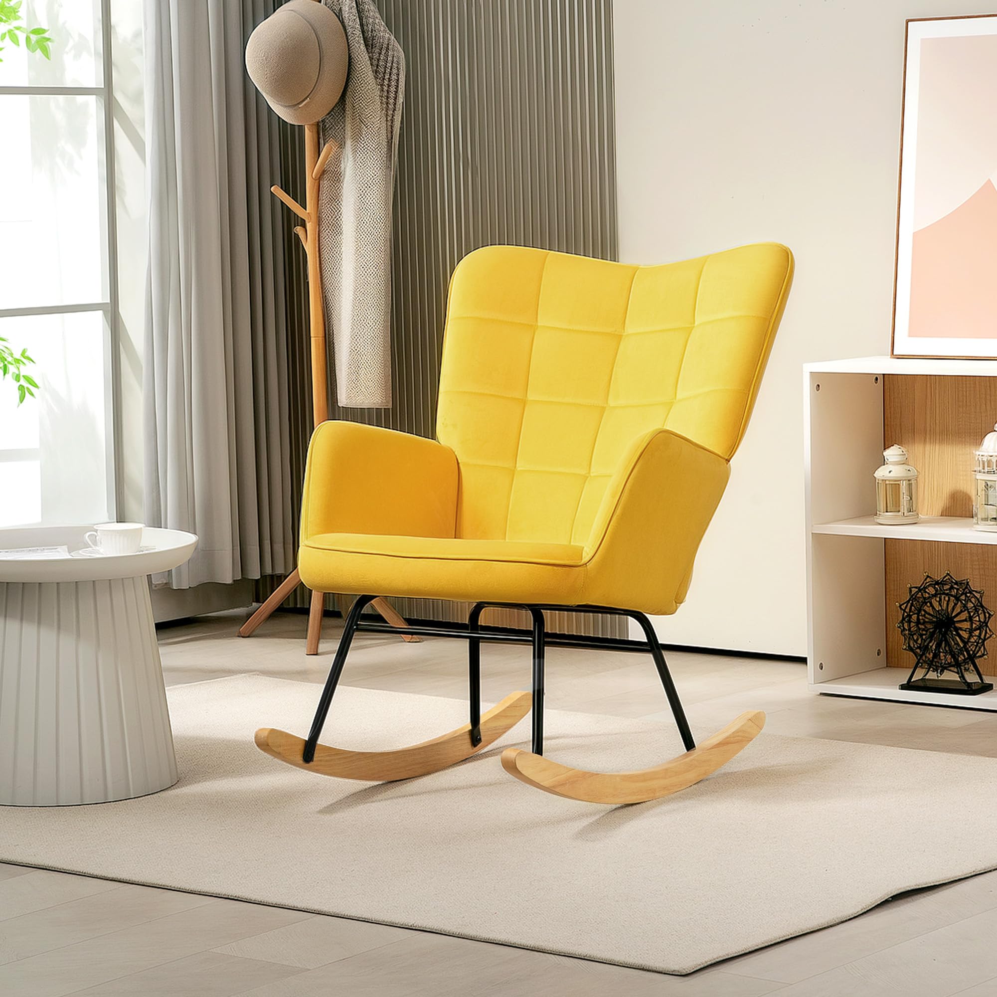HOMCOM Fauteuil à Bascule Rocking Chair Velours Acier Pieds Bois Massif Jaune