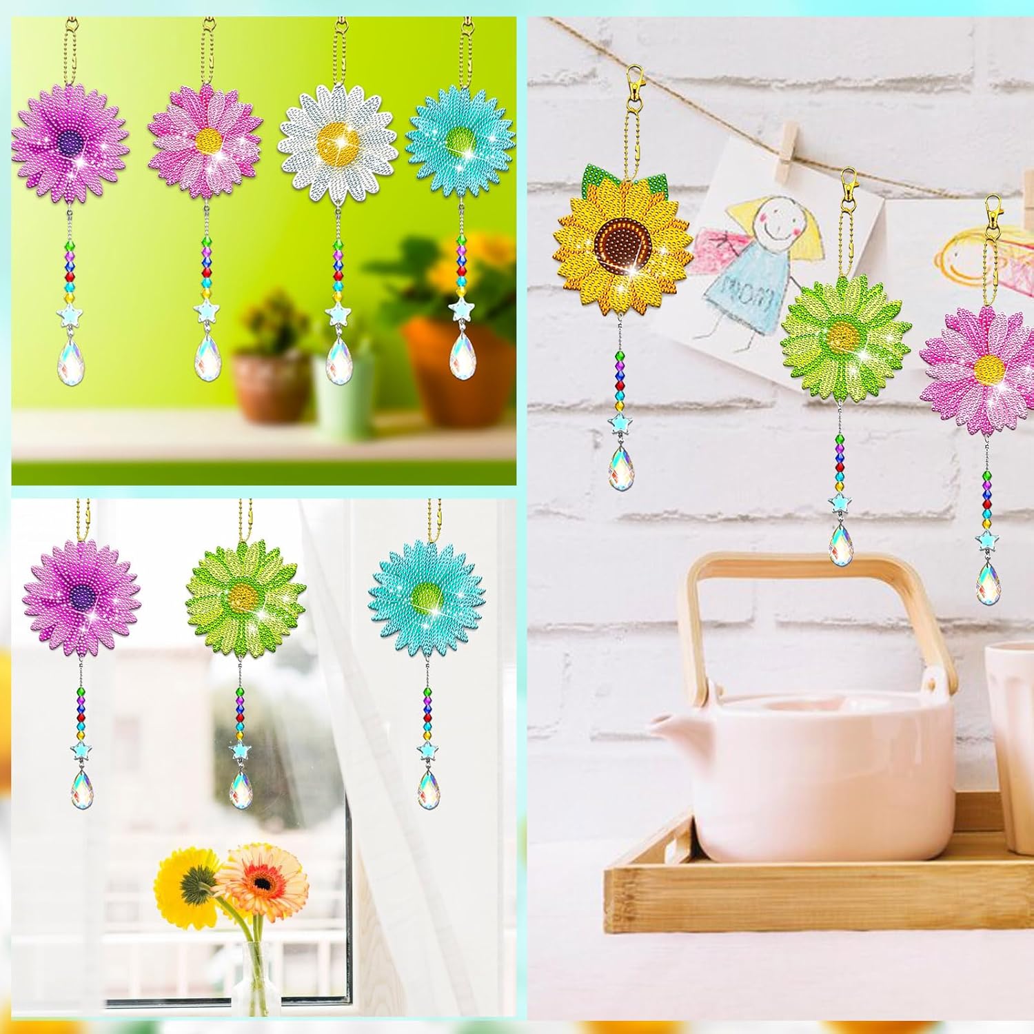 6 Pcs Diamond Painting Wind Chimes Daisy Rhinestone Hummingbird Diamond Art Suncatcher Double Sided 5D DIY Diamond Painting Kits for Adults Kids Crystal Pendant Mom Gifts