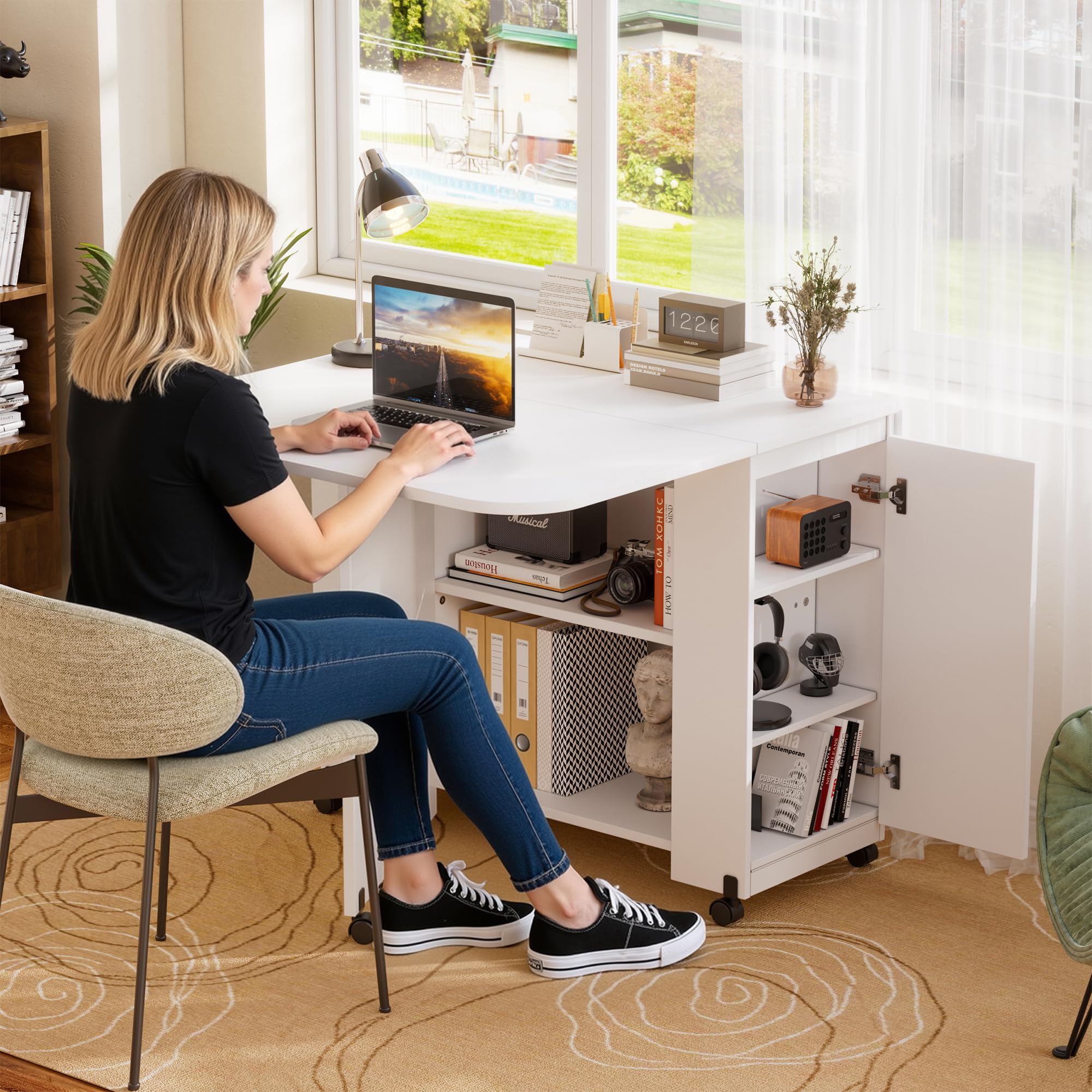 Utlenianie Table à Manger Pliable, Table De Cuisine Pliante Sur Roulette, Table Pliante Console, Table Pliante Cuisine,Table Console Extensible Avec 2 étagères (Couleur Bois