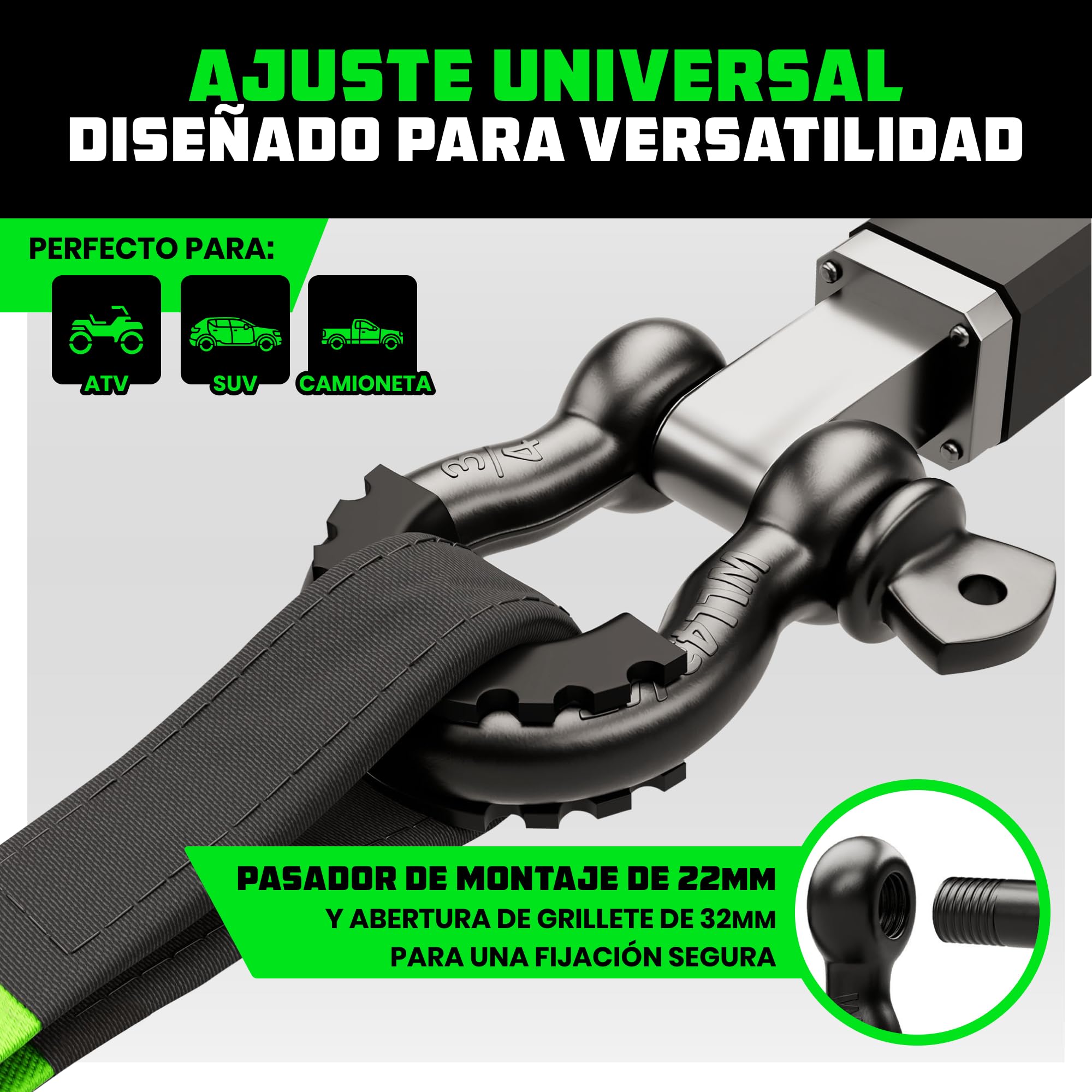 Rhino USA D-Ring Grilletes (2 Piezas) - Resistencia a la Rotura de 18.983 kg – Horquilla 1,9 cm con Pasador de 2,2 cm para Remolque y Uso 4X4 – Pares con Correa de Recuperación para Vehículos (Negro)