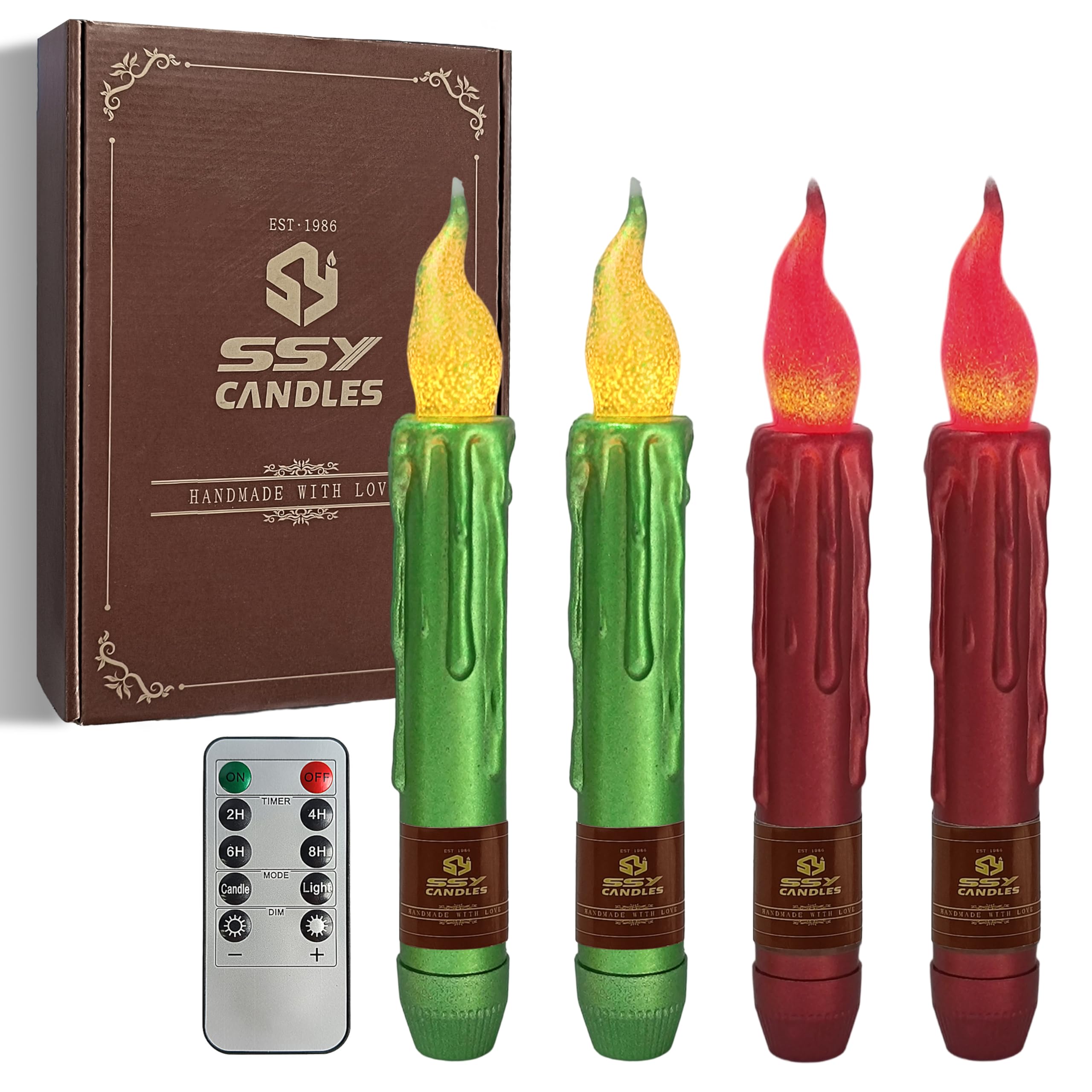 Christmas Metallic Red Green Flameless Short Taper Candles, Hand Dipped LED Battery Operated with Remote, Flickering Flame Lights for Home Décor, 6.7 Inch Primitive Flameless Candles, 4PCS