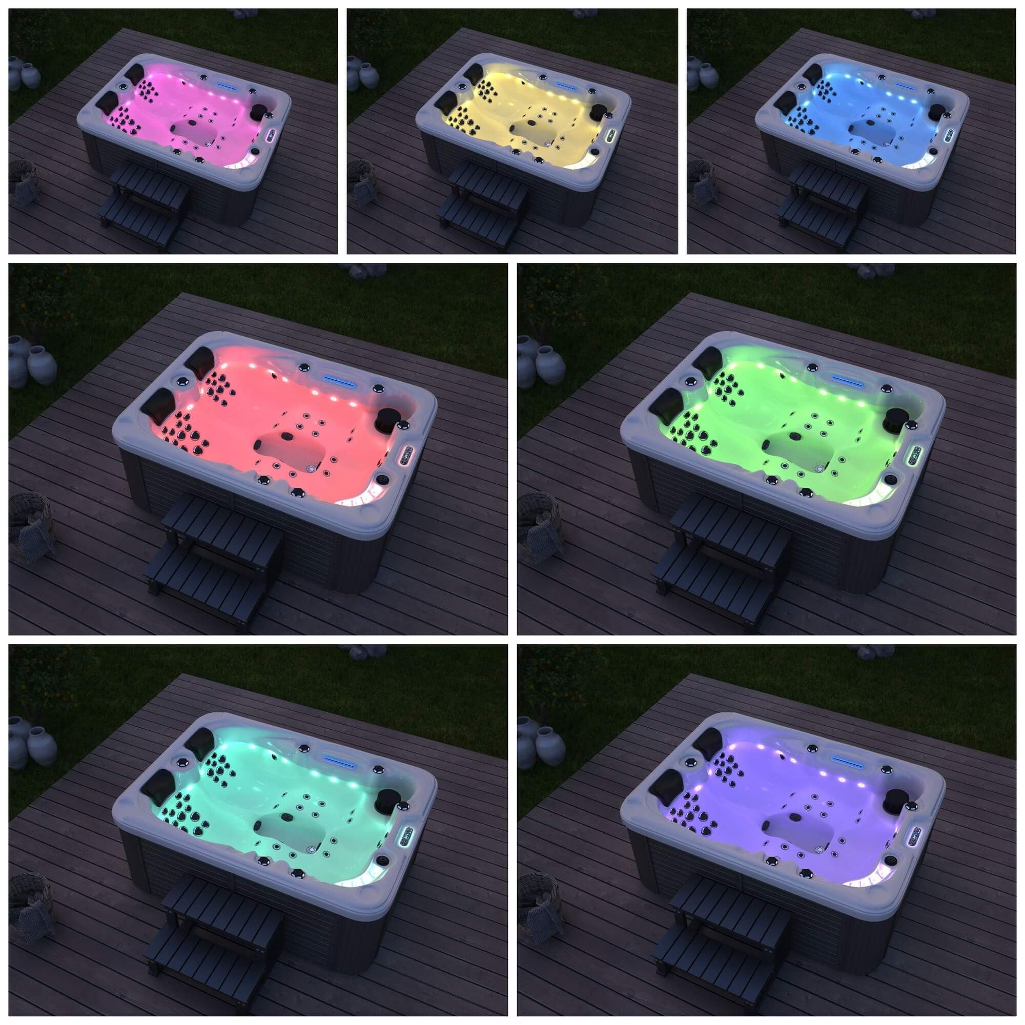 Home Deluxe - Outdoor Whirlpool - Beach Plus Treppe und Thermoabdeckung - Maße: 210 x 155 x 83 cm - Inkl. Heizung, 51 Massagedüsen und 24 Lichtquellen I Außen Whirlpool für 3 Personen