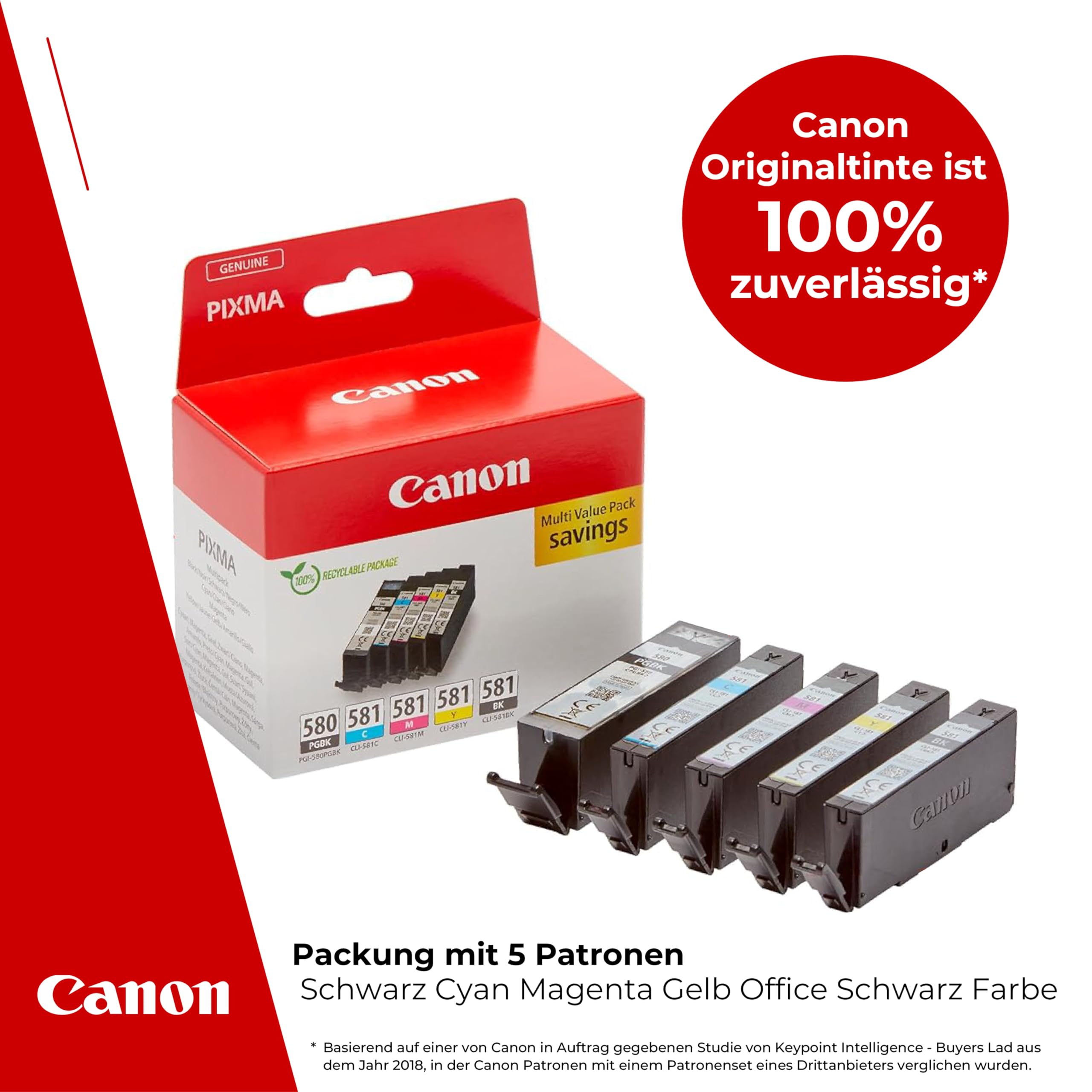 Canon PGI-580 CLI-581 Original Tintenpatronen 5er-Pack Schwarz Cyan Magenta Gelb