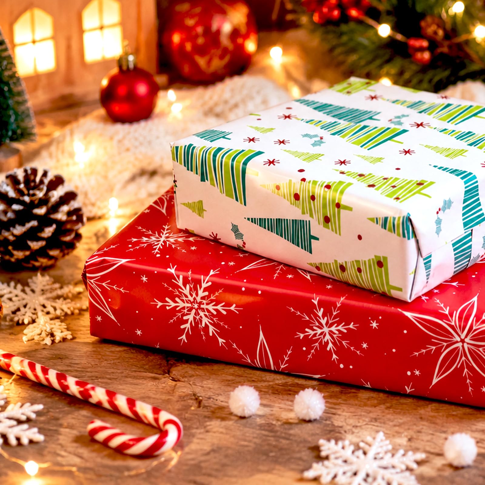 Yarcony Weihnachts-Geschenkpapierrolle – 43 cm x 10 m – modernes grünes Weihnachtsbaum-Geschenkpapier mit minimalistischem Design, Metallfolie, Geschenkpapier für Weihnachten, Party, Geburtstag