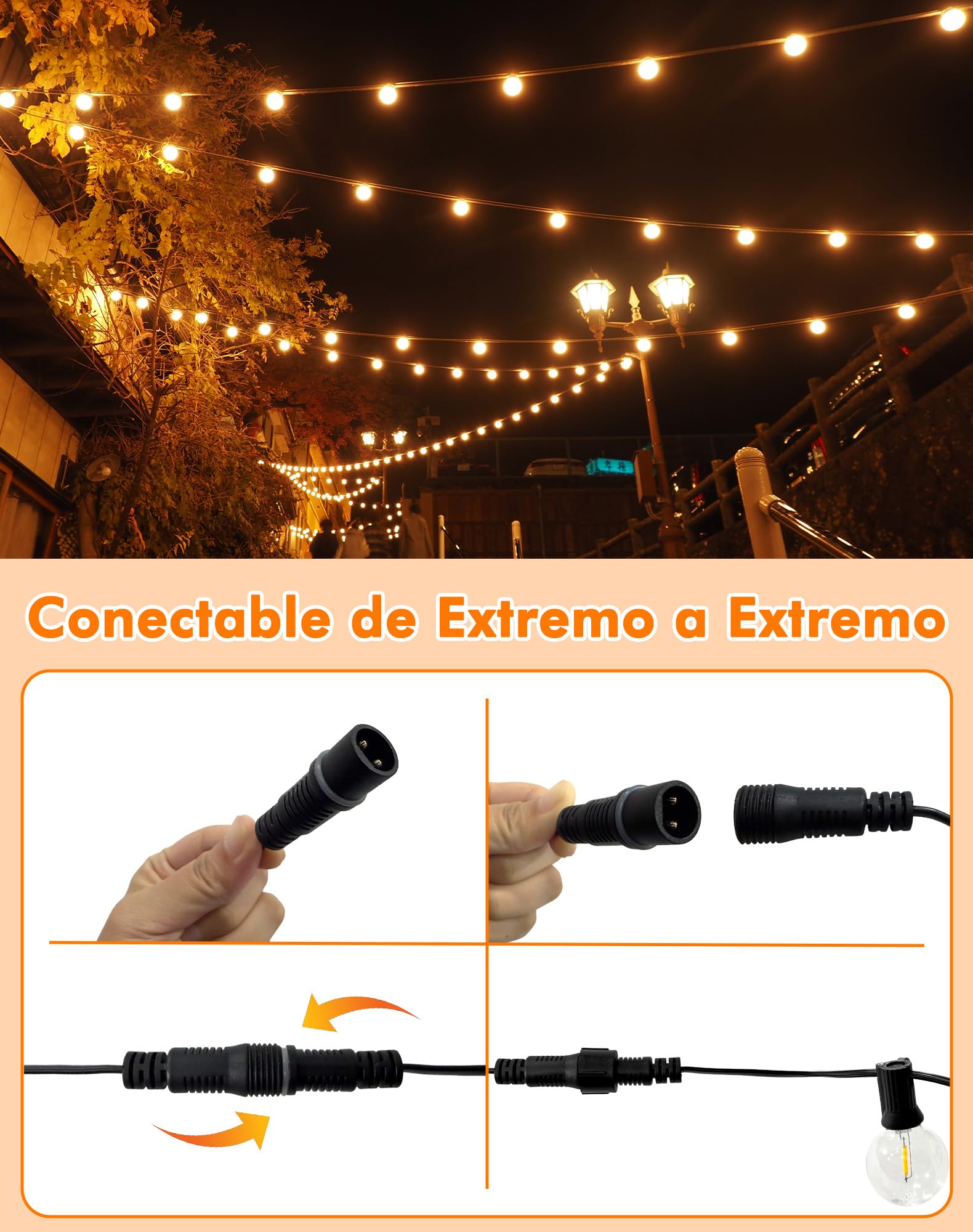 Guirnaldas Luces Exterior 15M 25+3 G40 Bombillas Cadena de Luces Impermeables IP44 Conectable Guirnaldas Luminosas Decoración para Interior, Jardín, Terraza, Patio, Bodas, Fiestas, Navidad