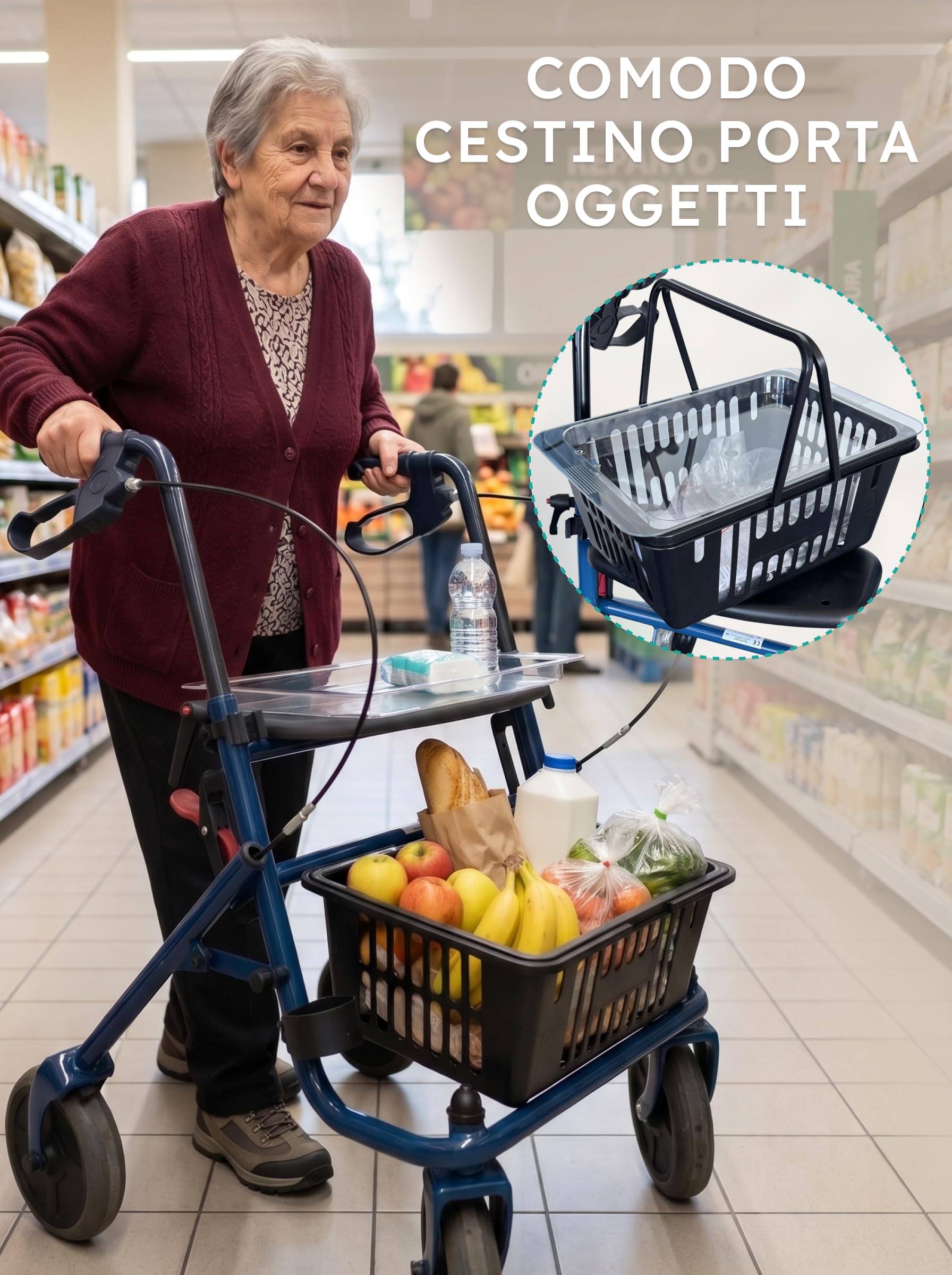 SPES Rollator Deambulatore Anziani 4 Ruote Pieghevole con Seduta, Blu