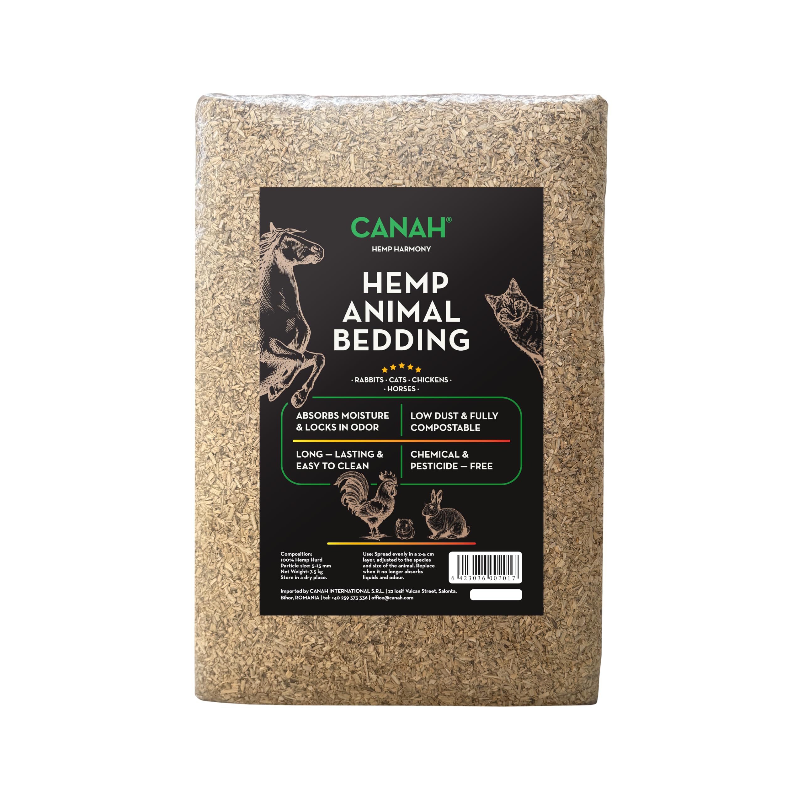 Hanf-Tierstreu, 7,5 kg, 100 % natürlicher Hanf, staubarm, sehr saugfähig und geruchshemmend, vollständig kompostierbare Einstreu für Kaninchen, Katzen, Hühner und Pferde