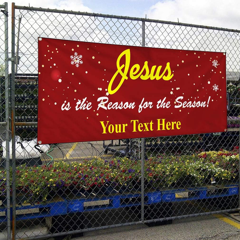 Custom Industrial Vinyl Banner Multiple Sizes Jesus is The Reason for Season B Personalized Text Religions Outdoor Weatherproof Yard Signs Yellow 4 Grommets 16x40Inches