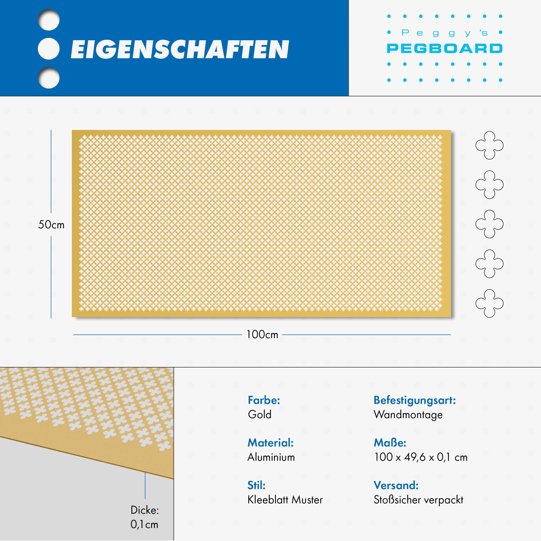 PEGBOARD Lochblech Aluminium ca. 100x50 cm, 1 mm, Kleeblattlochung | Hergestellt in Deutschland | Lüftungsgitter Heizkörperverkleidung Abdeckung