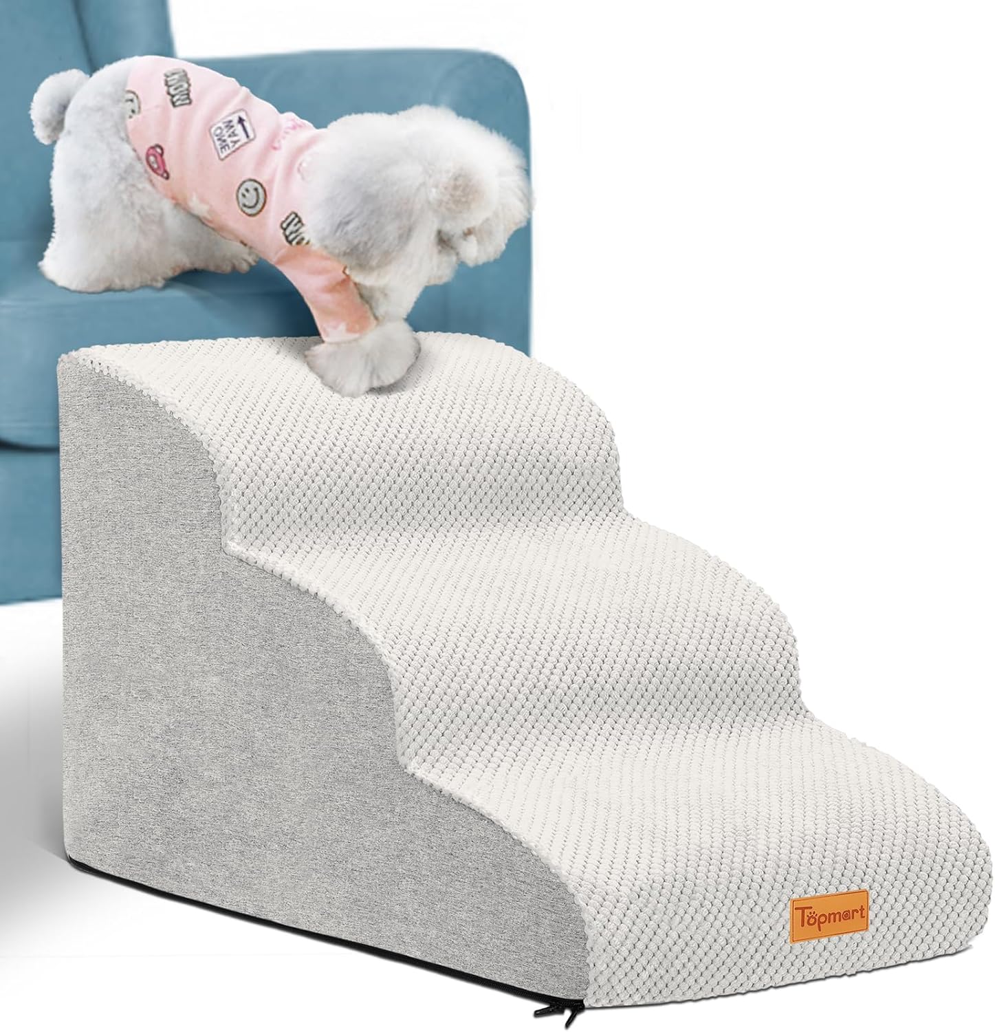 Topmart 3 Tiers Foam Dog Ramps/Steps,Non-Slip, Extra Wide Deep Dog Stairs,High Density Foam Pet Stairs/Ladder,Best for Older Cats,Small Pets,Ivory-White